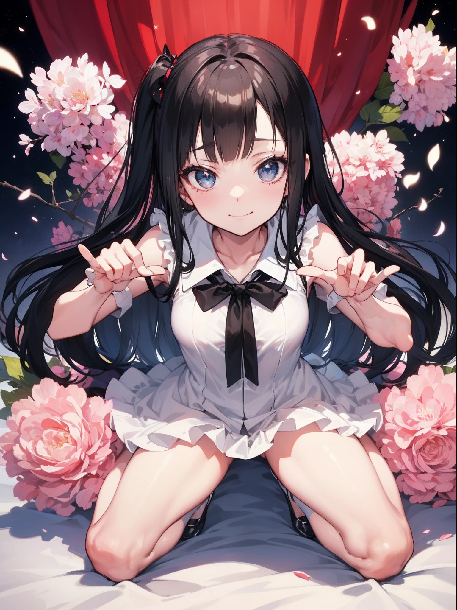 ((mastepiece)), ((Best Quality)), (Ultra-detailed), ((kawaii)), Cute, (lovely), ((Sexy)), (Ero), ((Extremely detailed)), 4K, (8K), Best Quality, (Beautiful), Illustration, Anime style, Full body, Open your legs, full body focus, Cute little girl , 1girl , kaguya sama - love is war, Beautiful black hair, black eyes, ((Beautiful eyes)), small breasts, Smirk, sparkling effect