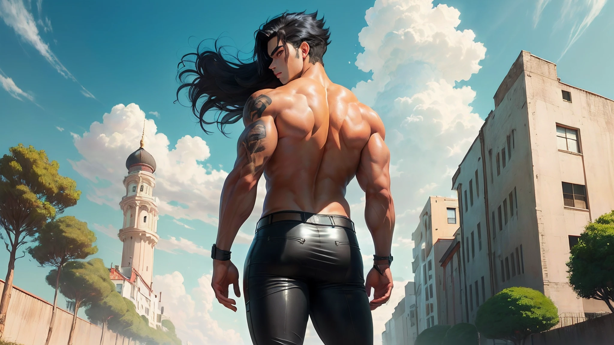 Huge butt black haired boy looking back anime