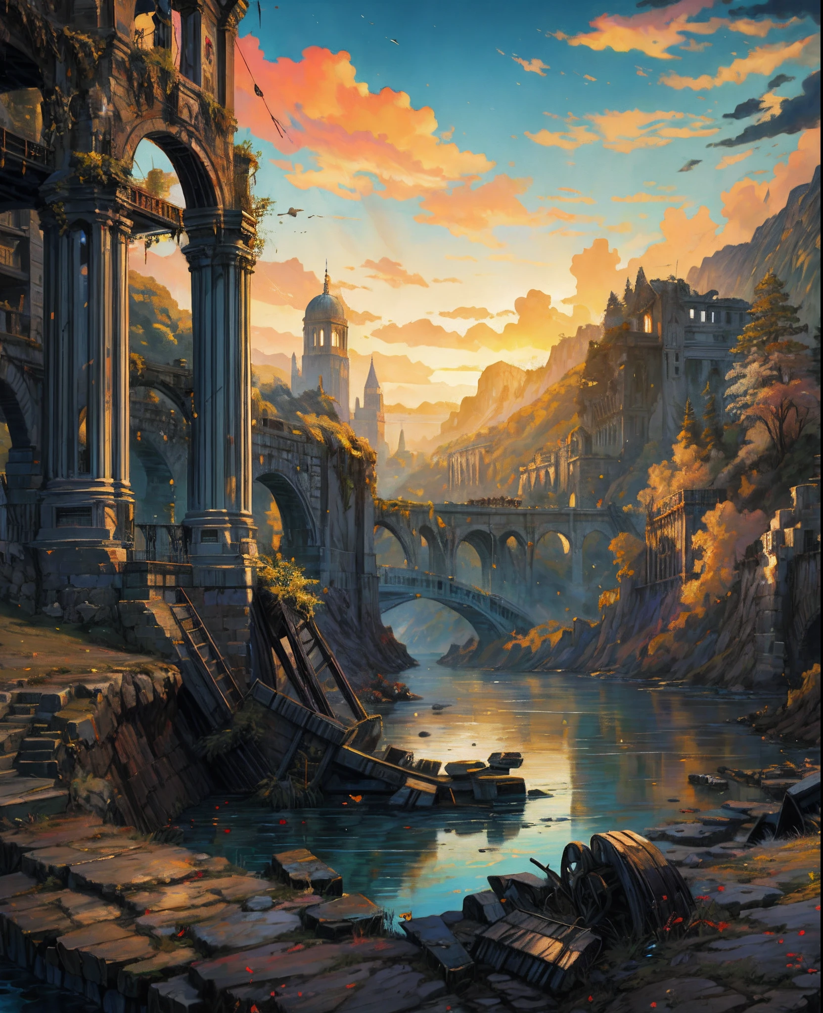 painting of a scenic scene of a river and a bridge, scenery art detailed, dan mumford and albert bierstadt, detailed painting 4 k, ruins landscape, scenery artwork, detailed scenery —width 672, 4k highly detailed digital art, in the art style of dan mumford, 4k detailed digital art, dan mumford paint, el bosco and dan mumford