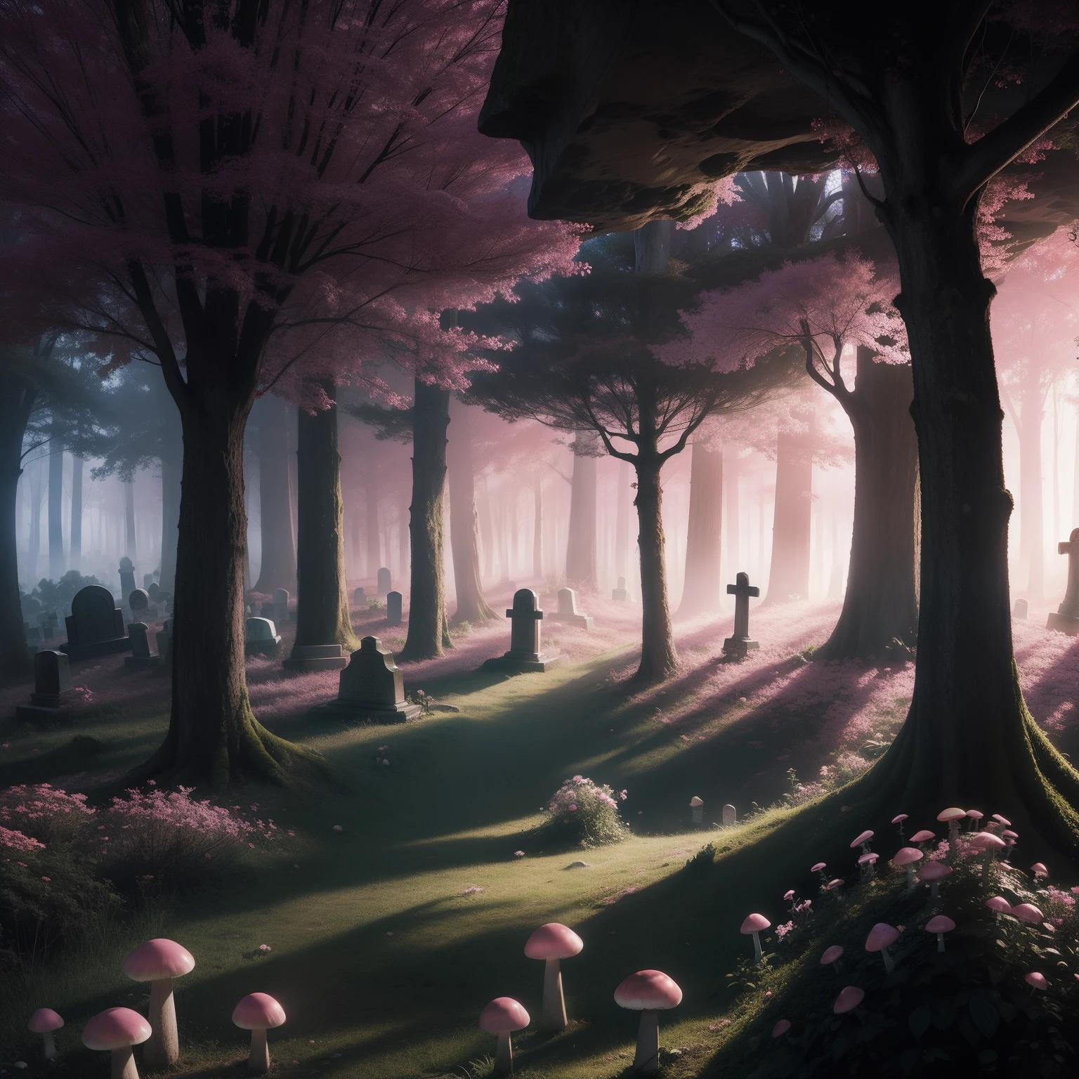 forest with many caves, flowering forest, cemetery, fog, pink light, mushrooms, dark light, pink fog, graves, tombstones