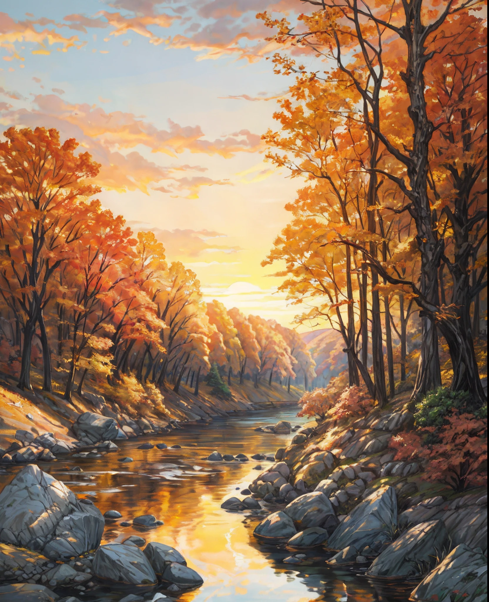 painting of a river with rocks and trees in the foreground, autumn sunset, detailed painting 4 k, at sunset in autumn, autumn tranquility, scenery artwork, golden hour scene, autumn light, sunset glow, vibrant gouache painting scenery, hildebrandt, sunny amber morning light, warm beautiful scene, amber glow, autumn sunrise warm light, semi realistic gouache painting