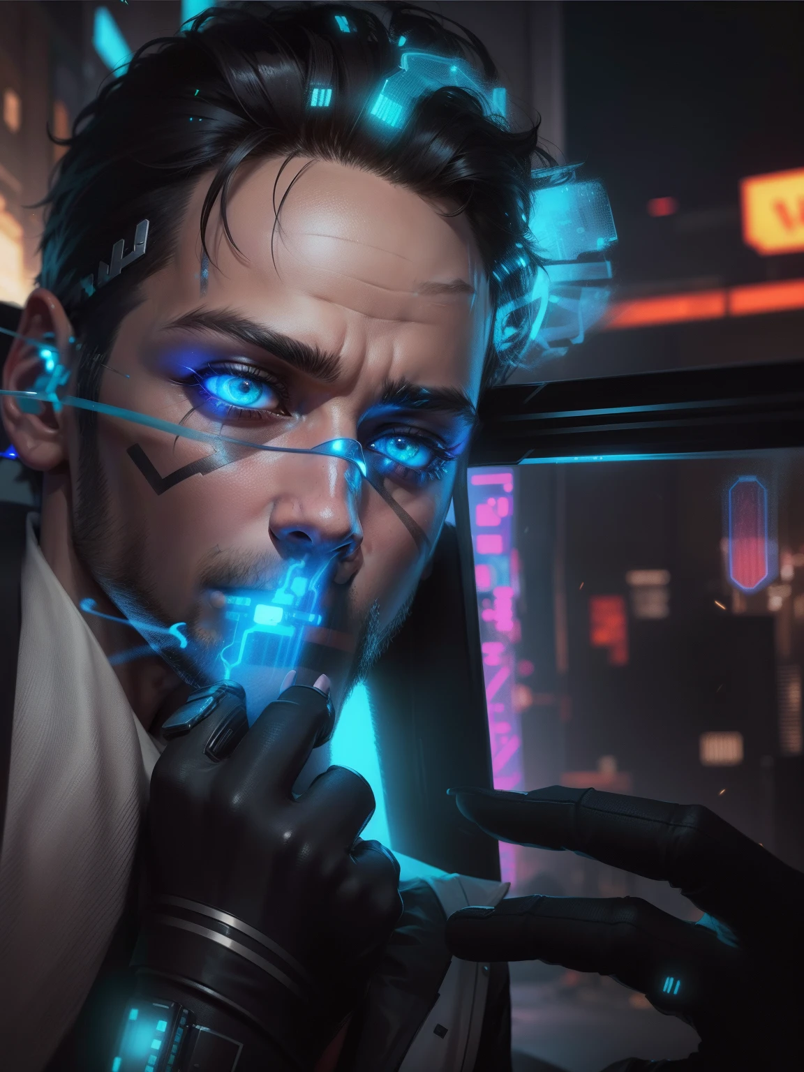 um close de um homem com bigode e colete de couro, arte cyberpunk ultrarrealista 8k, hyper-realistic estilo ciberpunk, retrato de um homem cyberpunk, estilo ciberpunk , hiperrealista, personagem ciberpunk art, cara ciberpunk, retrato ciberpunk, personagem ciberpunk, cara ciberpunk, personagem ciberpunk design, cyberpunk hero, in estilo ciberpunk
