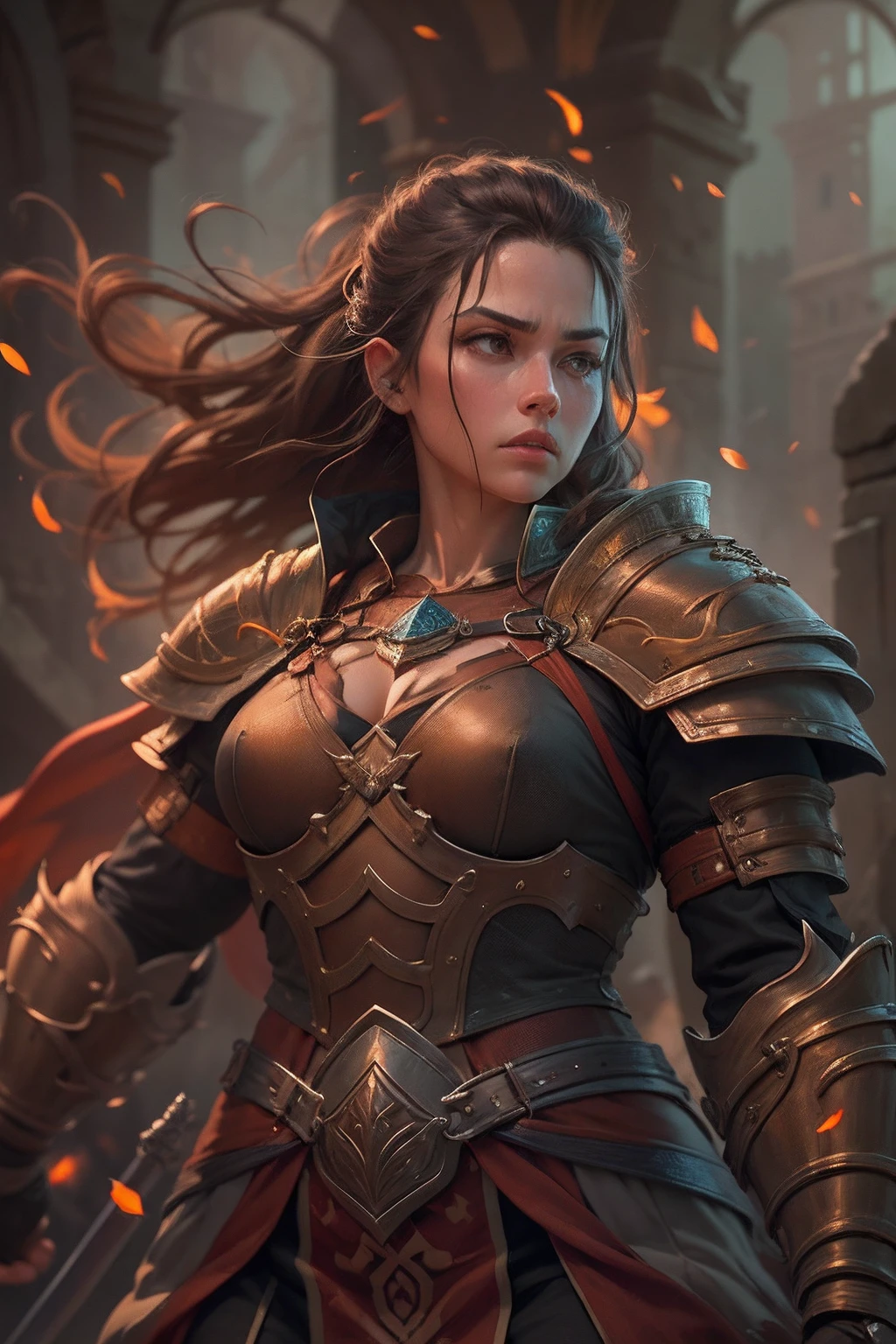 In the dimly lit battlefield, amidst the ruins of a once grand castle, a towering anthropomorphic turtle clad in the armor of a bullfighting warrior stood proudly. With a tall body and stout limbs, she exuded an air of disdain as her fiery, long hair fluttered in the wind like flames. Her eyes, like tosen, burned with determination as she ran forward, sword and shield in hand, ready for combat.

Her design was a masterpiece of dynamic lines and stereoscopic perspective, brought to life in super-fine 4K resolution with high-quality details. The movie-like lighting highlighted every inch of her form, from the intricate patterns on her armor to the carefully rendered scales on her skin. Even her hair, down to the last strand, was depicted with astonishing accuracy and detail, making each strand clearly focused and vivid, a testament to the work of masters in character design.

This epic scene captured the moment of her holy rampage, a dwarven cleric woman on a mission to slay demons. Her every move was a symphony of power and purpose, leaving no doubt about her strength and resolve. As she clashed with her demonic foes, her sword glinted with a fierce determination, while her shield protected her from their attacks. The battlefield was a canvas of chaos and courage, and in the midst of it all stood the fearless warrior, a beacon of hope against the darkness.