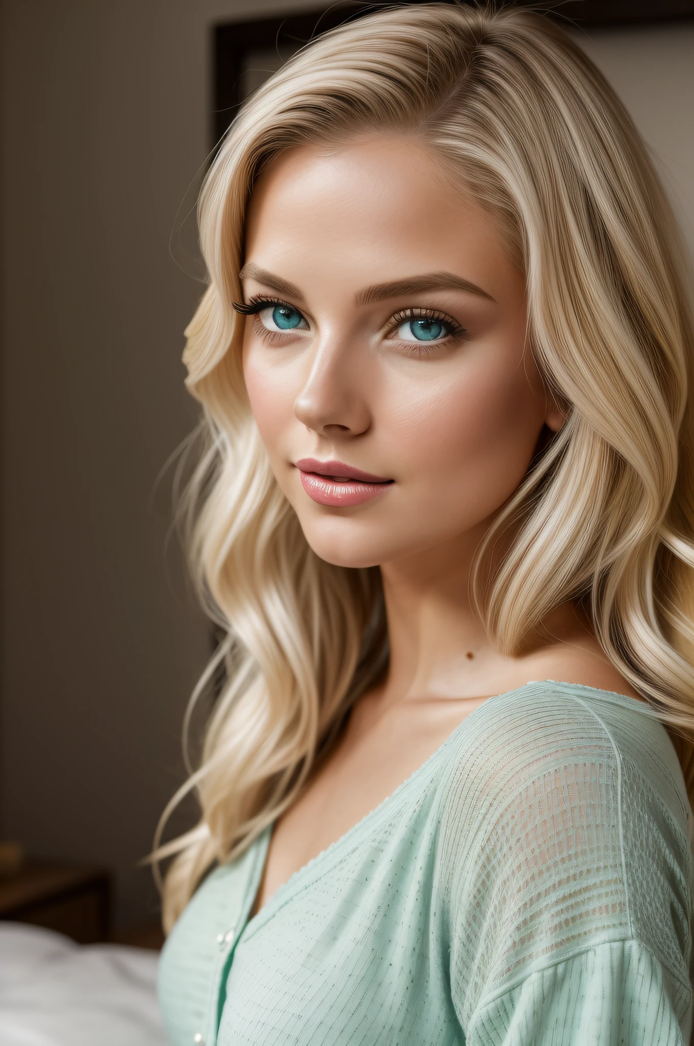 photo of young and beautiful woman, blonde hair that falls gently in waves up to the shoulders, average height, big green eyes, fair skin, she's in her pajamas, she's in her bed, doing skin care before bed, The environment is illuminated with lights of warm and pleasant colors making your hair shine, your face is naturally serene, lips with red lipstick, Texture 8K, highly detailed, realistic, soft Cinematic Light, HDR, sharp fokus, masterpiece, photorealistic, photography award-winning, Canon EOS R5, 35mm