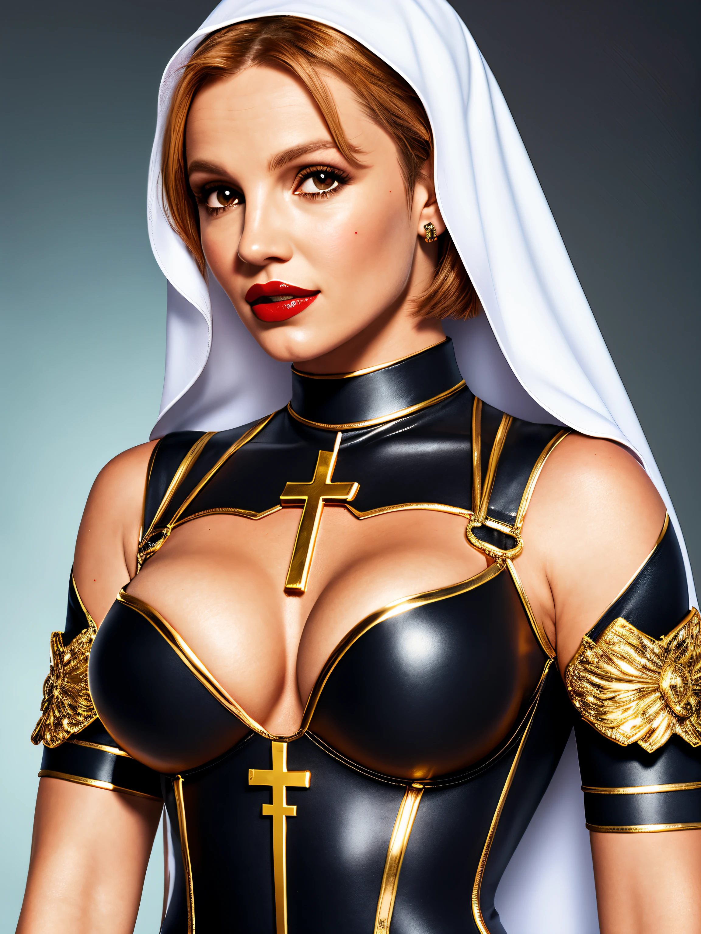 Britney Spears, ginger hair,(stylish bob haircut), (natural big breasts), wearing ((warrior nun), superhero tight suit)1.2, (cleavage with gold plated cross between natural boobs silver breastplate)1.4, (red lipstick), Realistic, perfect lighting, hyper realistic, (visible face)