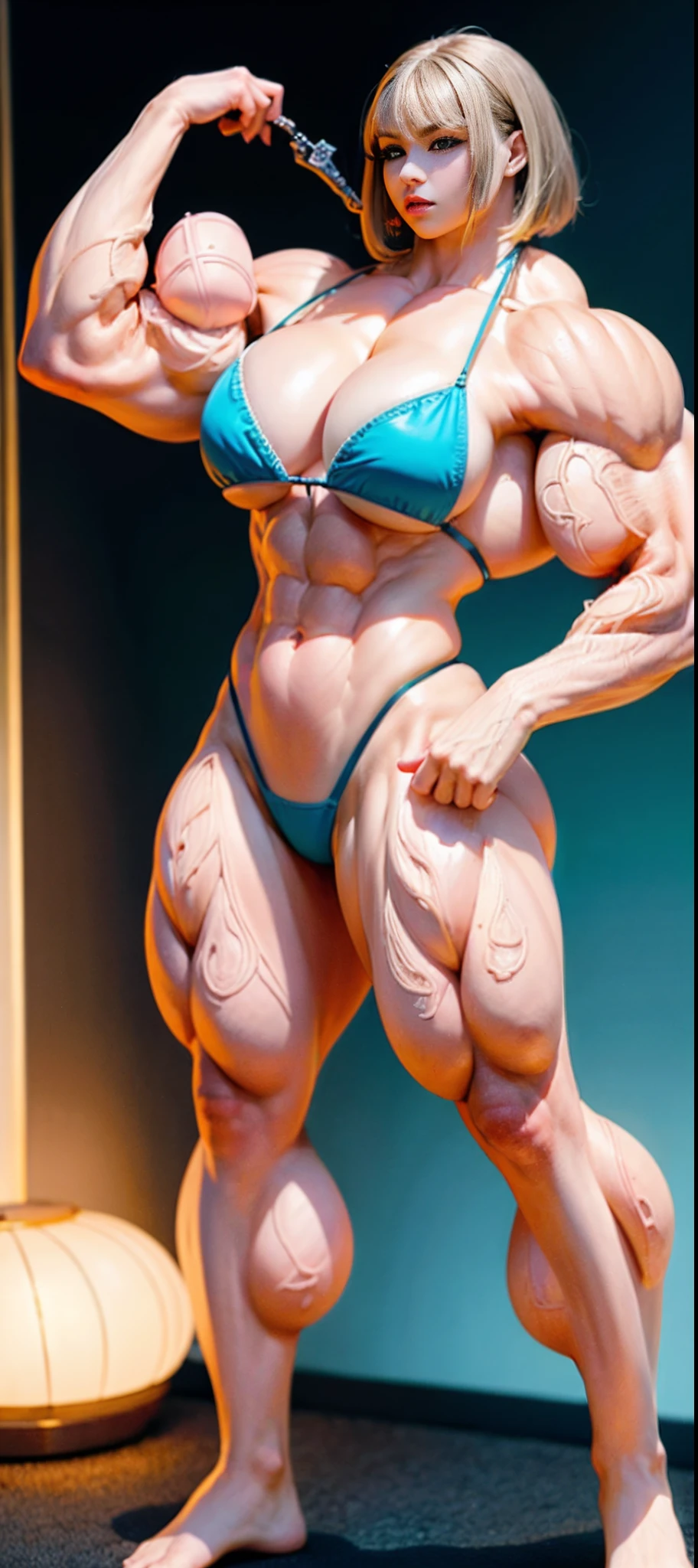 (tmasterpiece), (best qualtiy), 8K分辨率, ultra - detailed, photorealestic, photore, femele, with short golden hair,Eight-pack abs,3DMM style,full body shot shot,The whole body is facing the camera,Incredibly huge breasts,gigantic cleavage breasts,Light shines from the front,sci fi background,Light blue dark V high fork three-point bikini,(Female bodybuilder:1.5),The whole body is very muscular