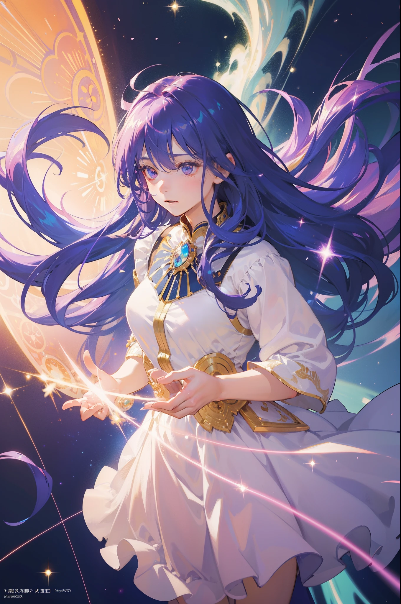 masterpiece, best quality, beautiful detailed hair detailed face, perfect feminine face, a beautiful and cute girl with sparkling and glowing purple hair, floating hair by wind, (sparkle particle), lens flare, sharp focus, volumetric lighting, trending on artstation, pixiv, by sakimichan, george kamitani, akira yasuda, alphonse mucha, greg rutkowski