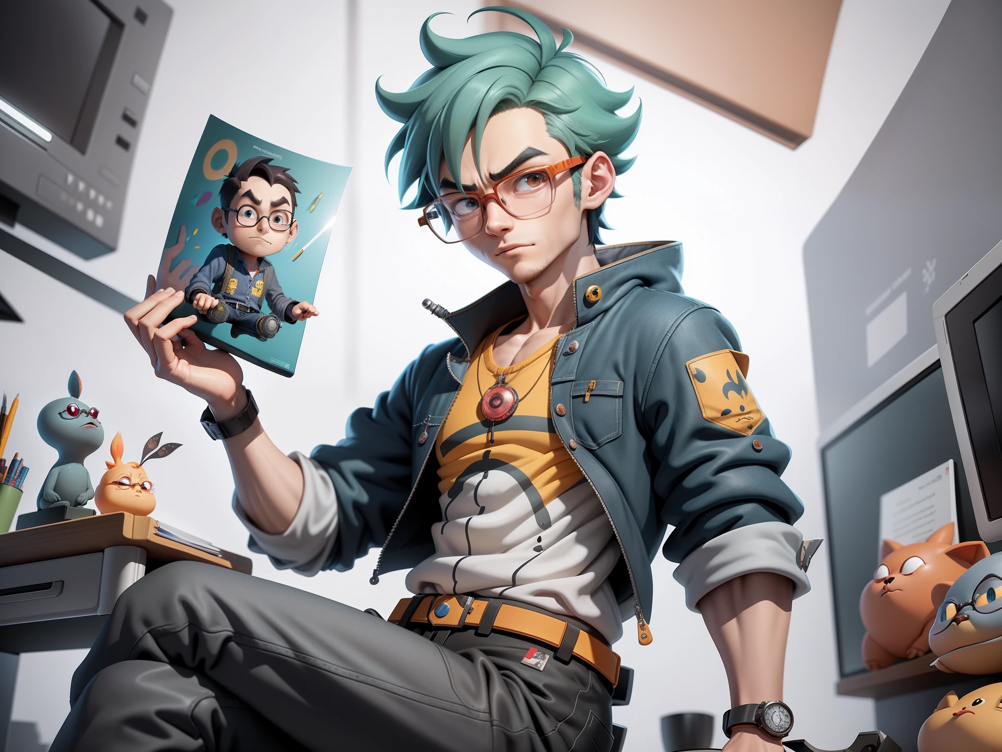 A young man with glasses sits at his desk,holding laptop,digitial painting,3D character design by Mark Clairen and Pixar and Hayao Miyazaki and Akira Toriyama,4K HD illustration,Very detailed facial features and cartoon-style visuals。
