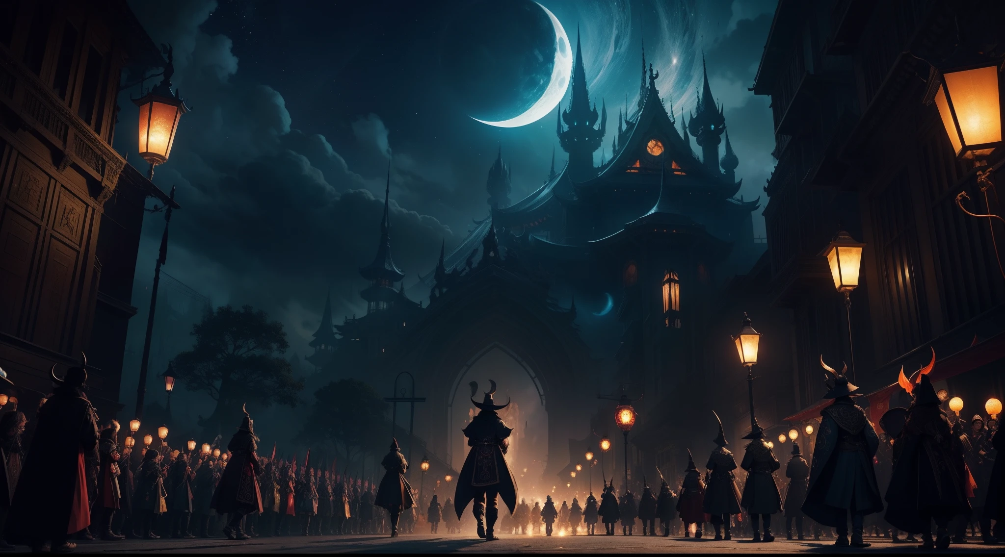 Create an awe-inspiring illustration of the 'Night Parade of One Hundred Demons', featuring intricate details and vivid colors. Capture the ethereal atmosphere of the scene with glowing lanterns, mystic creatures, and a moonlit sky. Let the demons come to life with a perfect balance of light and shadow, showcasing their unique characteristics. Bring out the magic and mystery of the parade with a combination of traditional and modern elements, evoking a sense of wonder and intrigue, style of Tyler Edlin