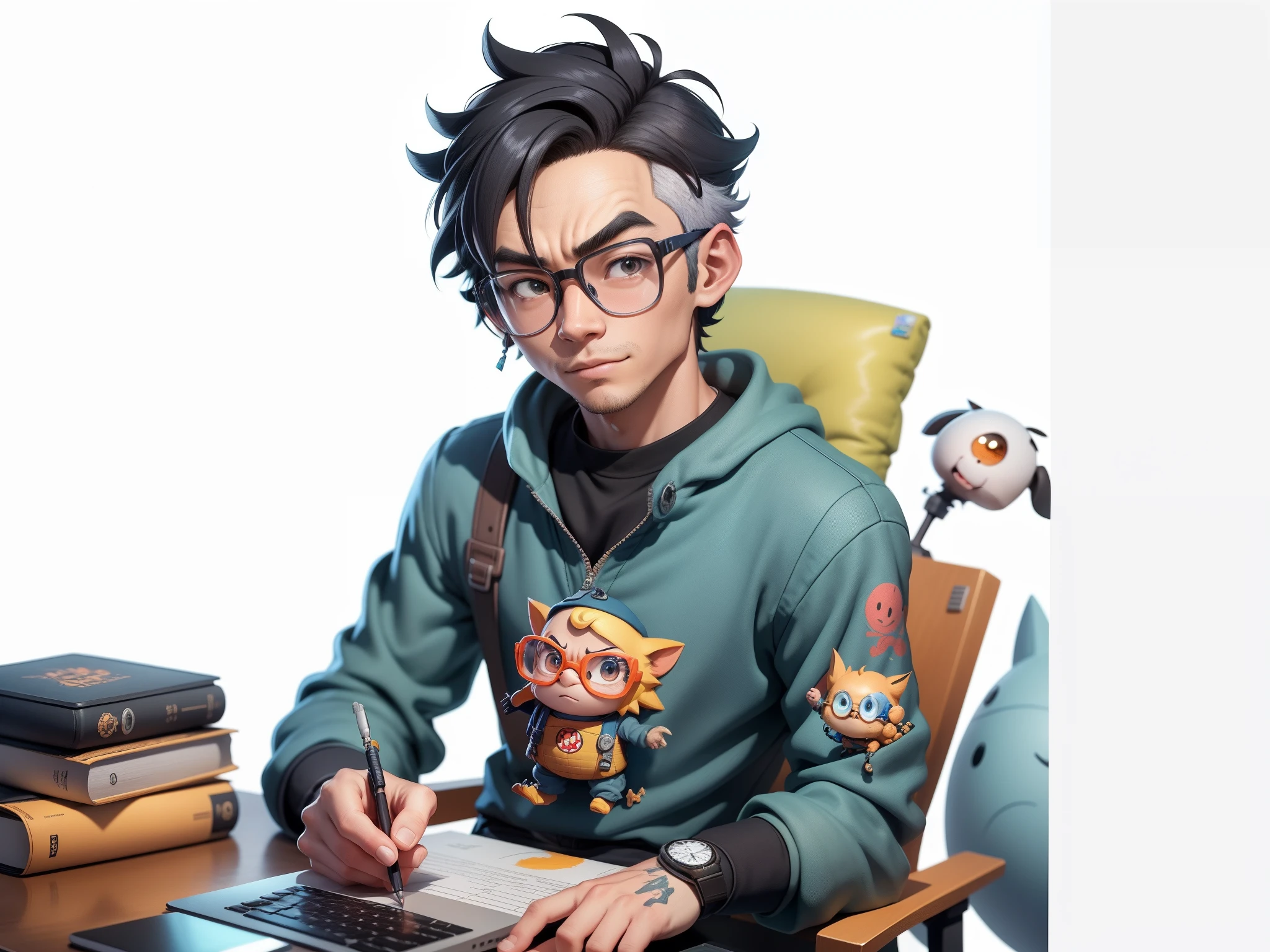 A young man with glasses sits at his desk,holding laptop,digitial painting,3D character design by Mark Clairen and Pixar and Hayao Miyazaki and Akira Toriyama,4K HD illustration,Very detailed facial features and cartoon-style visuals。