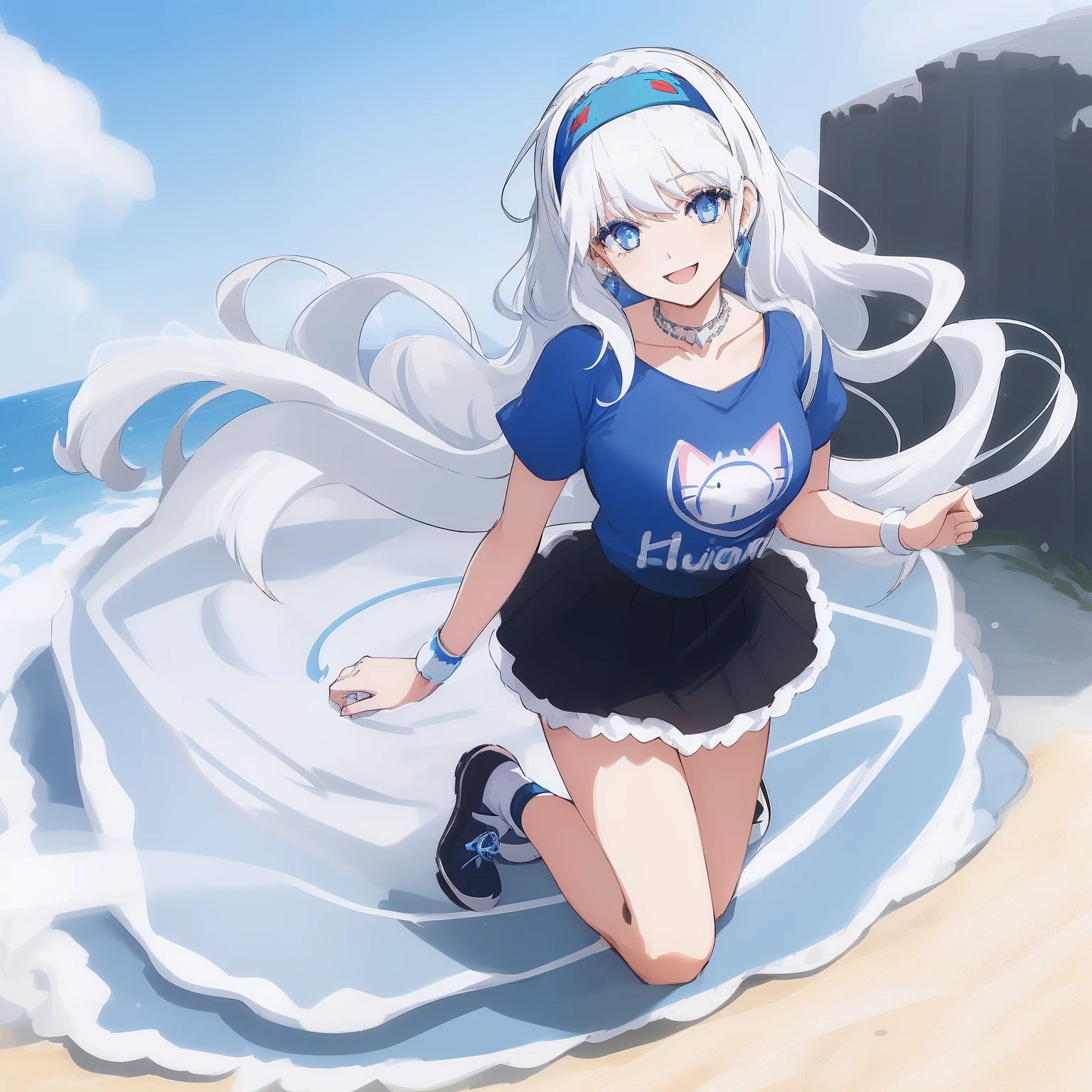 ((((1 woman)))), fullbody, cat logo tee, tutu skirt, ((((white hair)))), ((((blue eyes)))), long hair, happy, smile, 18 year old, dynamic angle, ((((blue hairband)))), red necklace, beautiful detailed sky