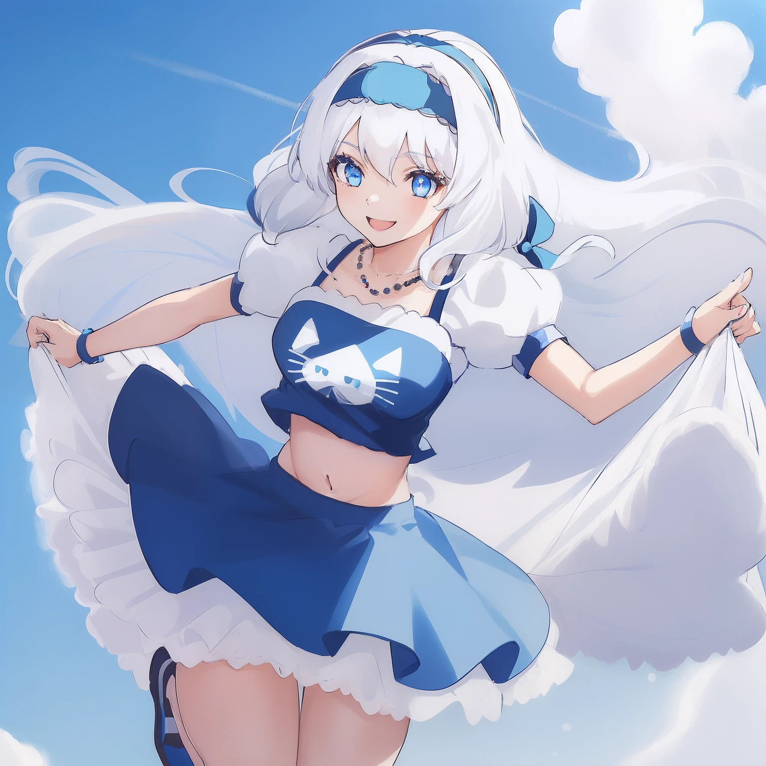 ((((1 woman)))), fullbody, cat logo tee, tutu skirt, ((((white hair)))), ((((blue eyes)))), long hair, happy, smile, 18 year old, dynamic angle, ((((blue hairband)))), red necklace, beautiful detailed sky