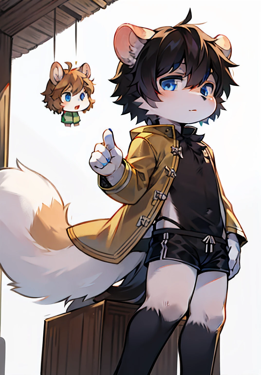 shaggy，furred，bodyfur，Line drawings，Squirrel rodents，Pair of horse coats，Small shorts，Shota，Look ahead，Clothes are not exposed，Round ears，White fur，eBlue eyes，Short hair，China-style