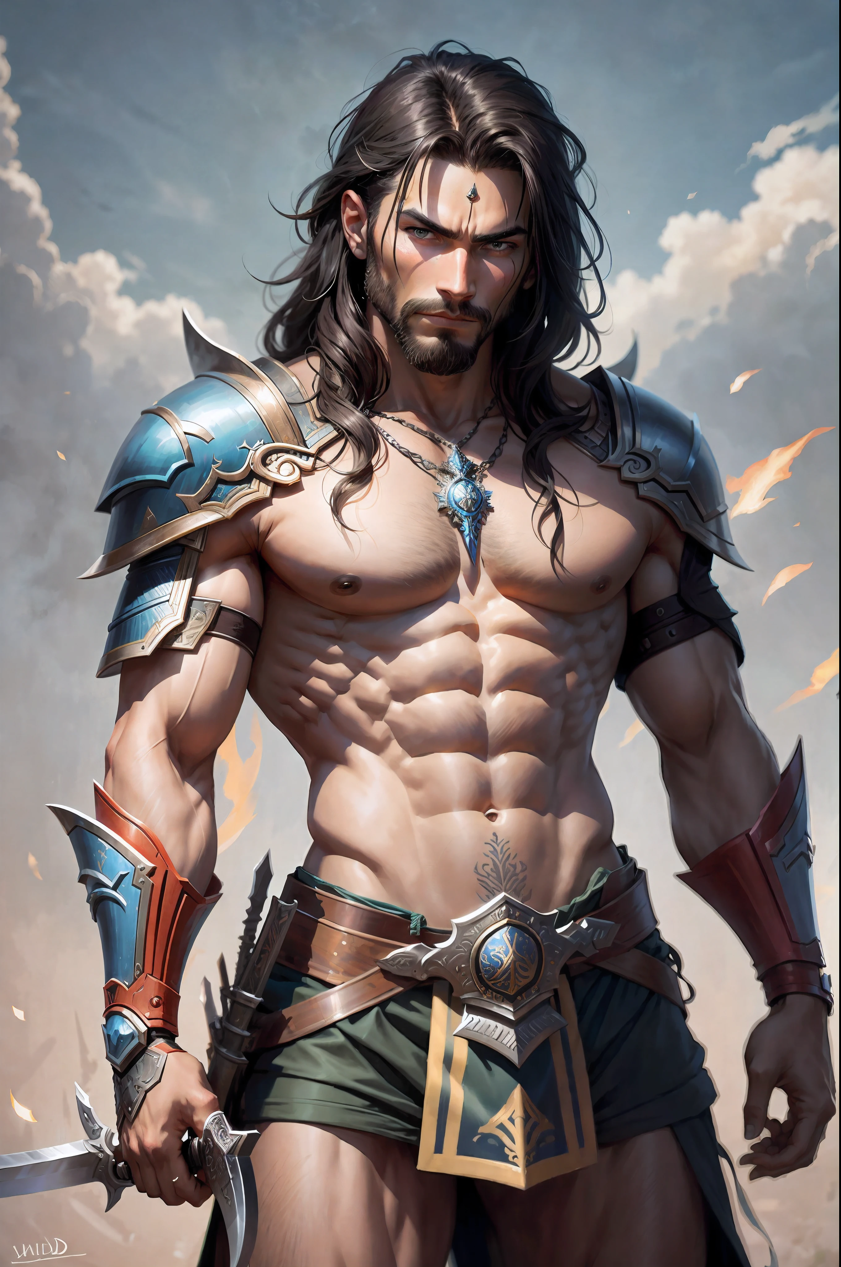 Ripped hero, shirtless upper body, legs revealed from thighs to feet, cascading long curls, intricate muscular details, photorealistic artwork, 4K resolution. Background: Mystic ancient ruins with glowing symbols,32k uhd, best quality, masterpiece, super detail, high details