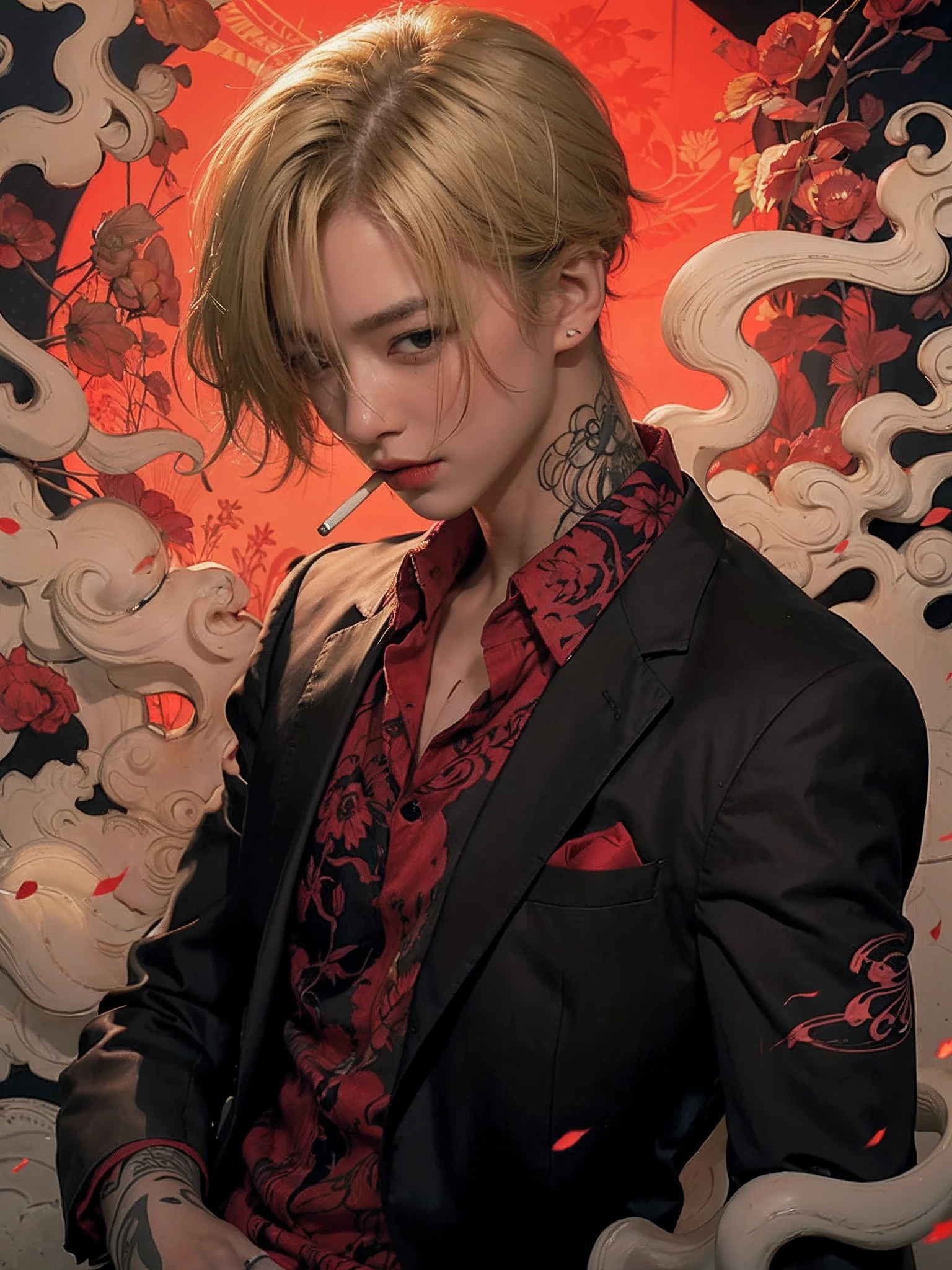 1boy, 8k portrait of hansome boy with yellow hair, asian skin tone, smoking, intricate, elegant, realistic depth of field photography, perfect natural lighting (masterpiece, sidelighting, finely detailed beautiful black eyes: 1.2), short hair, realistic lots of hair, realistic green cloth t shirt, one scars in vertical in the ledt eye, realistic human face, realistic city background