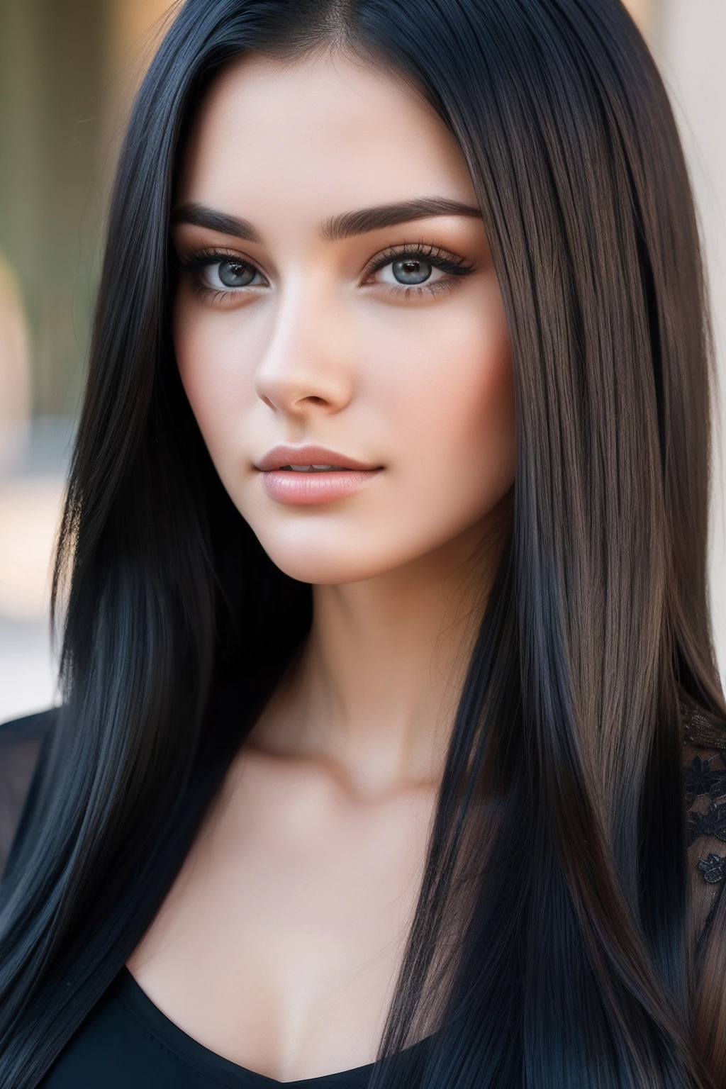 25 years old girl portrait black hair, russian, beautiful face, perfect face, ultra realistic