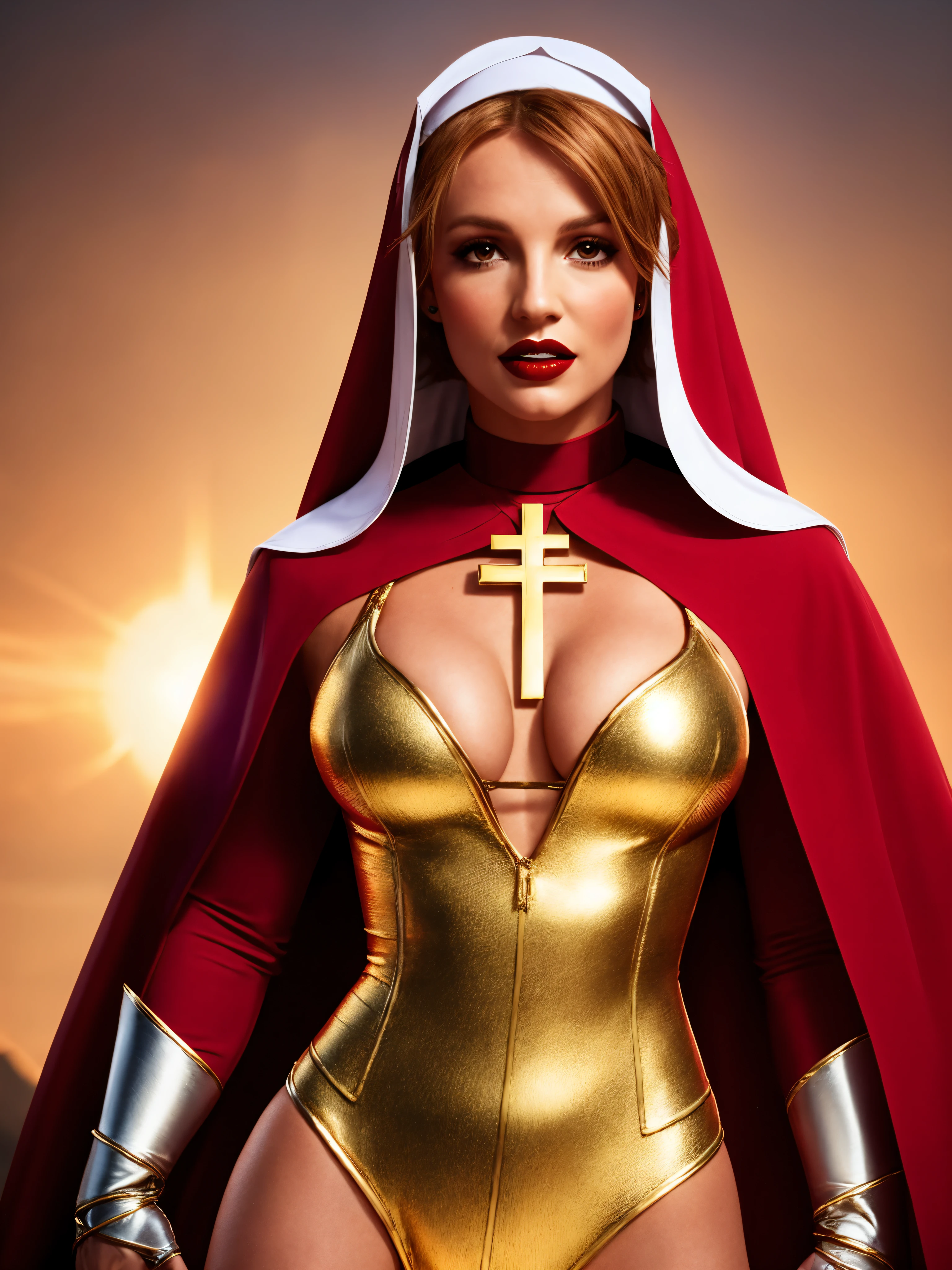 Britney Spears, ginger hair,(stylish bob haircut), (natural big breasts), wearing ((warrior nun), superhero tight suit)1.2, (cleavage with gold plated cross between natural boobs breastplate)1.4, (red lips lipstick), Realistic, perfect lighting, hyper realistic, (visible face)