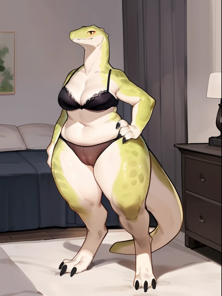 female mother lizard, (bipedal), (digitigrade), overweight, curvy figure, voluptuous, thick thighs, huge legs, clothed a tight panties, bra, standing, detailed background, bed room, (by buta99, by bebebebebe, by con5710), ((nsfw)), plump innie pussy, flat chested, realistic proportions
