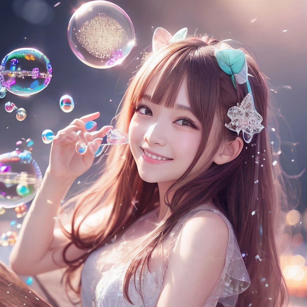 Fairy playing with soap bubbles、Transparent feathers、Smiling、Lots of soap bubbles around、Ultra vision