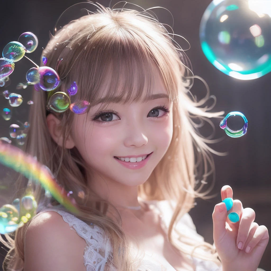 Fairy playing with soap bubbles、Transparent feathers、Smiling、Lots of soap bubbles around、Ultra vision