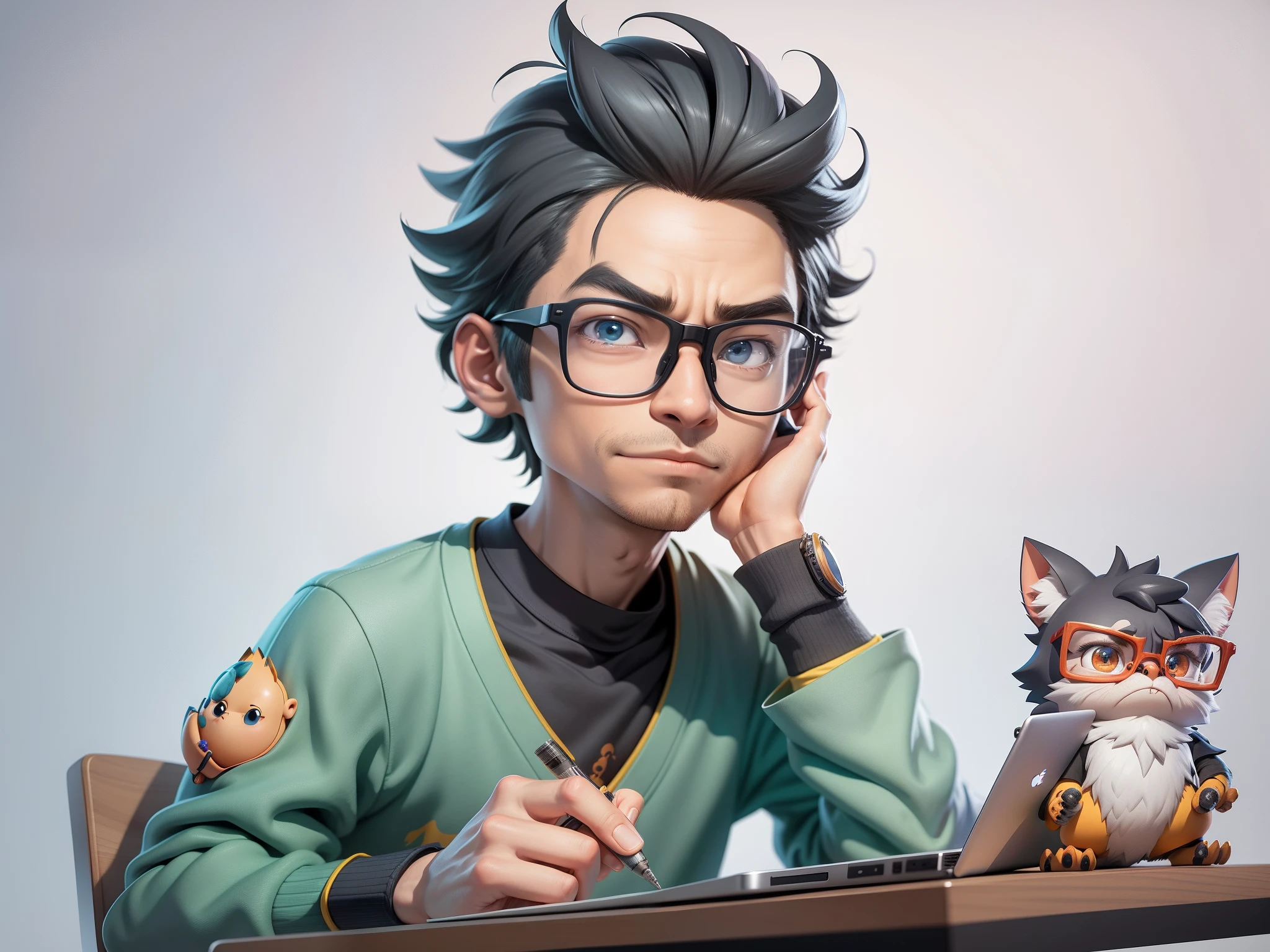 A young man with glasses sits at his desk,holding laptop,digitial painting,3D character design by Mark Clairen and Pixar and Hayao Miyazaki and Akira Toriyama,4K HD illustration,Very detailed facial features and cartoon-style visuals。