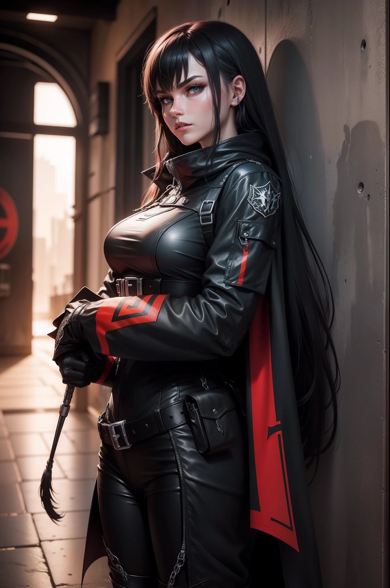 hight resolution , hyperrealistic , Viele Details, Digitale Kunst , Auf der Vorderseite schwarz roter drache Anthro Drache , fursona, mit einem SciFi-Blaster , Hintergrund : Neonlighs und Scifi Hanger mit Raumschiffen , in der Ferne stehen einige schwarz-rote Anthro-Schakalsoldaten , Red banners on the walls