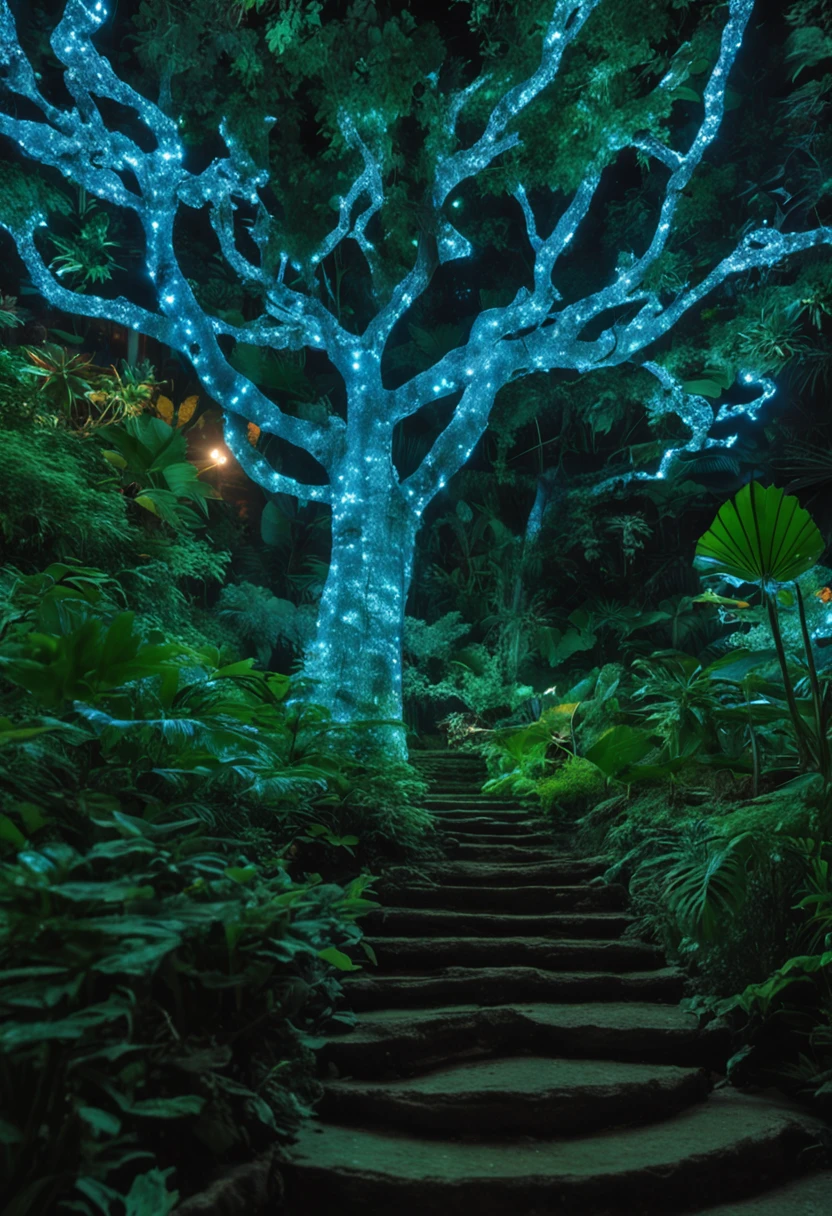 Um jardim futurista de plantas bioluminescentes que brilham em tons vibrantes de azul e verde. No centro do jardim, There is a magnificent tree with leaves that look like they are made of glass. An enigmatic figure is sitting at the foot of the tree, lendo um livro com runas antigas.
