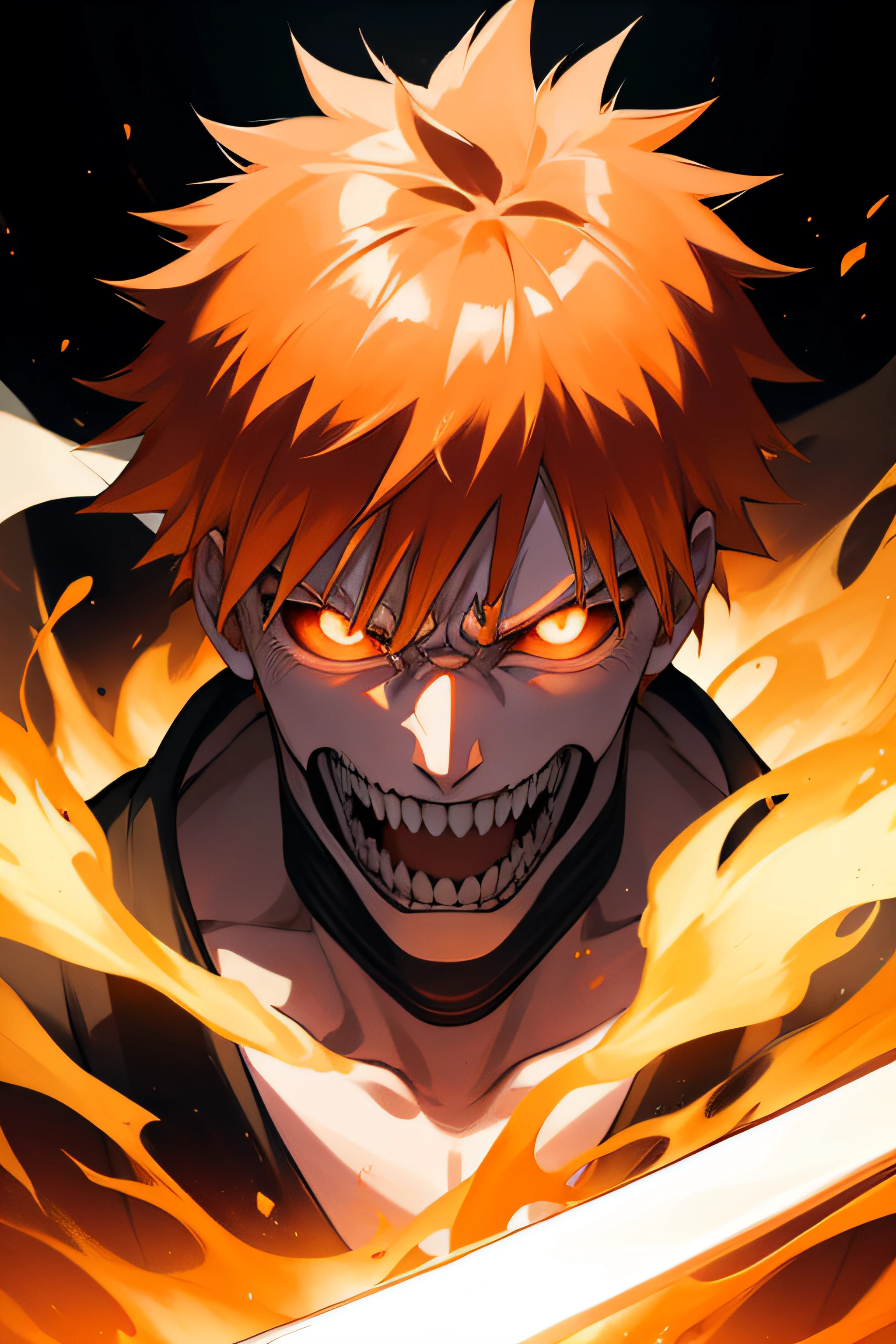 Ichigo kurosaki, close up, orange hair, glowing red eyes, angry face, shouting, blur background, masterpiece, 8k, hd, with his sword