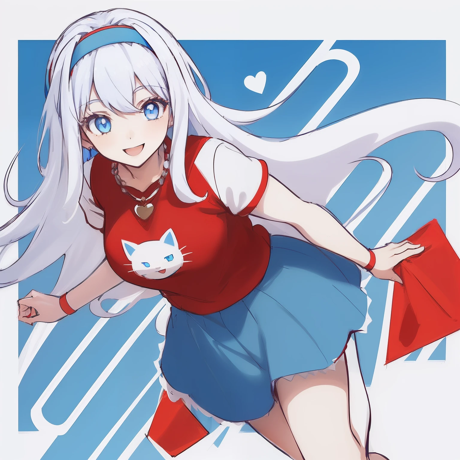 ((((1 woman)))), fullbody, cat logo tee, red tee, tutu skirt, ((((white hair)))), ((((blue eyes)))), long hair, happy, smile, 18 year old, dynamic angle, ((((blue hairband)))), red necklace, beautiful detailed sky