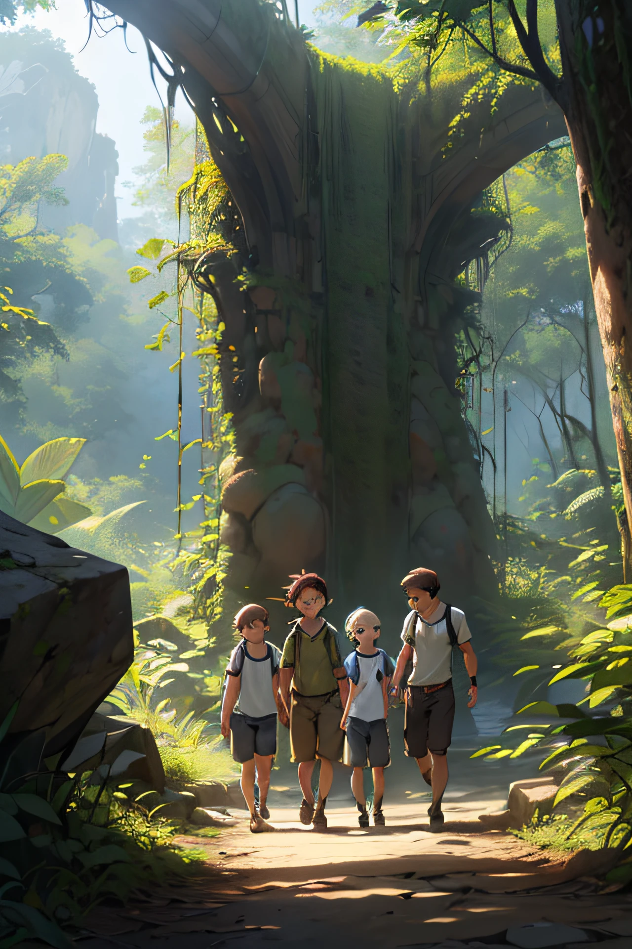 4 children,( 2 meninas e 2 meninos), da mesma idade, em uma floresta, Aventuras Infantis, Indiana Jones, corajosos, Aventuras, floresta,