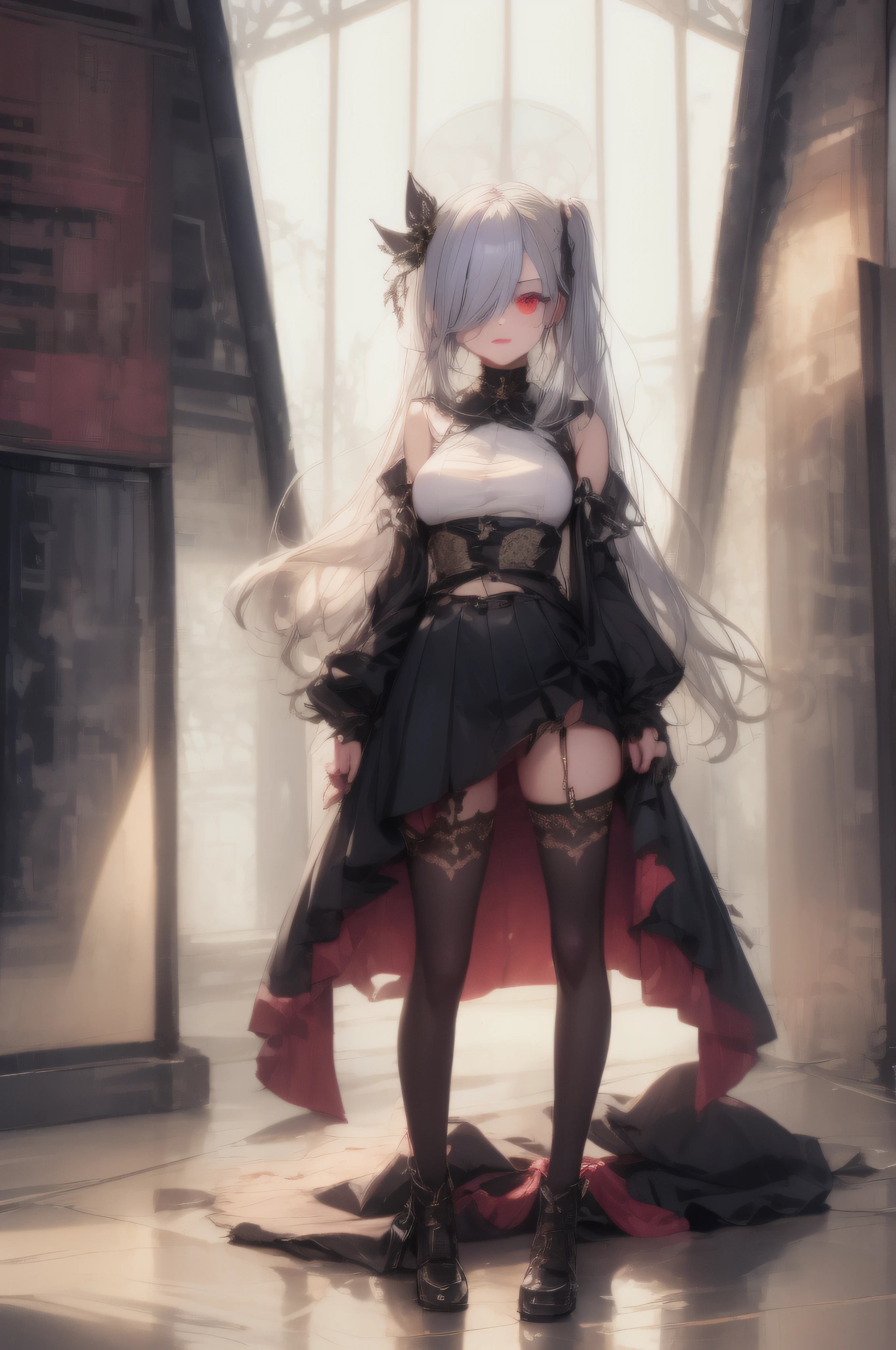 (extraordinary、Best-aesthetic、new、newest、best qualtiy、​masterpiece、A highly detailed、animesque、waifu:1.2)、masutepiece, Best Quality、goth_punk、sailor、Silver hair, Colored inner hair, hair two side up, Hair over one eye, Shiny hair, Red Eyes、(((full body seen)))、(Colossal tits:1.2)、Black stockings、a navel、very very short skirt、witheout panties、No pubic hair、is standing、The whole body is reflected、Standing picture、no sleeves