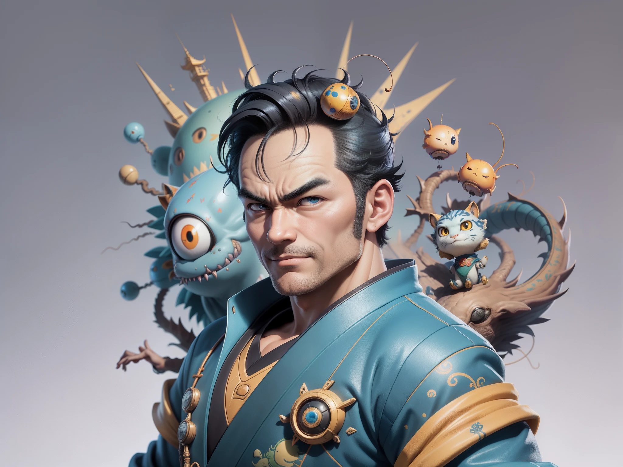 (Masterpiece), (Excellent), (Super Meticulous), (Full Body: 1.2), Super Young Man, Oriental Face, Japanese Kimono, Japanese Wind Thunder God, Dragon, Tiger, TV Anchor, Bust Portrait Illustration, Alone, Black Suit, Blue Tie, Slightly Chubby Face, Very Clean Face, No Beard, Black Super Short Hair, Black Eyes, Confident Smile, 3c Computer Sub-Products, iPad, iPhone, Digital Painting, 3D Character Design by Akira Toriyama and Mark Claireden and Pixar and Hayao Miyazaki, The illustration is a high-definition illustration in 4K resolution with very detailed facial features and cartoon-style visuals.