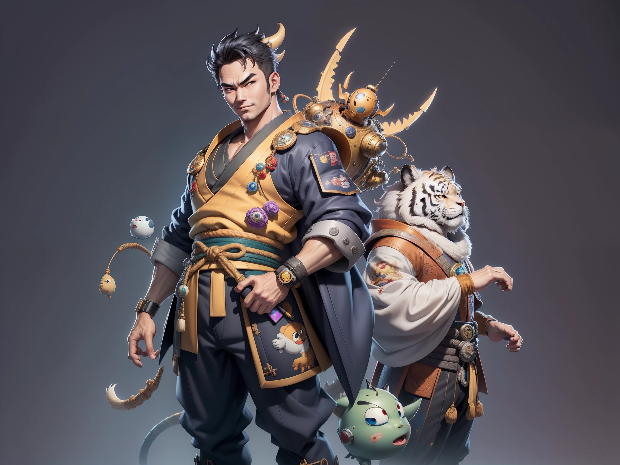 (Masterpiece), (Excellent), (Super Meticulous), (Full Body: 1.2), Super Young Man, Oriental Face, Japanese Kimono, Japanese Wind Thunder God, Dragon, Tiger, TV Anchor, Bust Portrait Illustration, Alone, Black Suit, Blue Tie, Slightly Chubby Face, Very Clean Face, No Beard, Black Super Short Hair, Black Eyes, Confident Smile, 3c Computer Sub-Products, iPad, iPhone, Digital Painting, 3D Character Design by Akira Toriyama and Mark Claireden and Pixar and Hayao Miyazaki, The illustration is a high-definition illustration in 4K resolution with very detailed facial features and cartoon-style visuals.