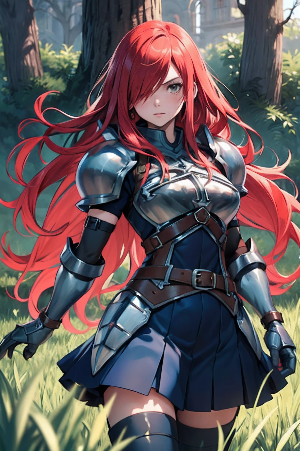 masterpiece, best quality, highres, fairy tail, 1girl, long hair, red hair, brown eyes, armor, shoulder armor, gauntlets, ultra great sword, very swords on back, breastplate, armored dress, belt, pleated skirt, blue skirt, hair over one eye, field, grass, standing, cowboy shot