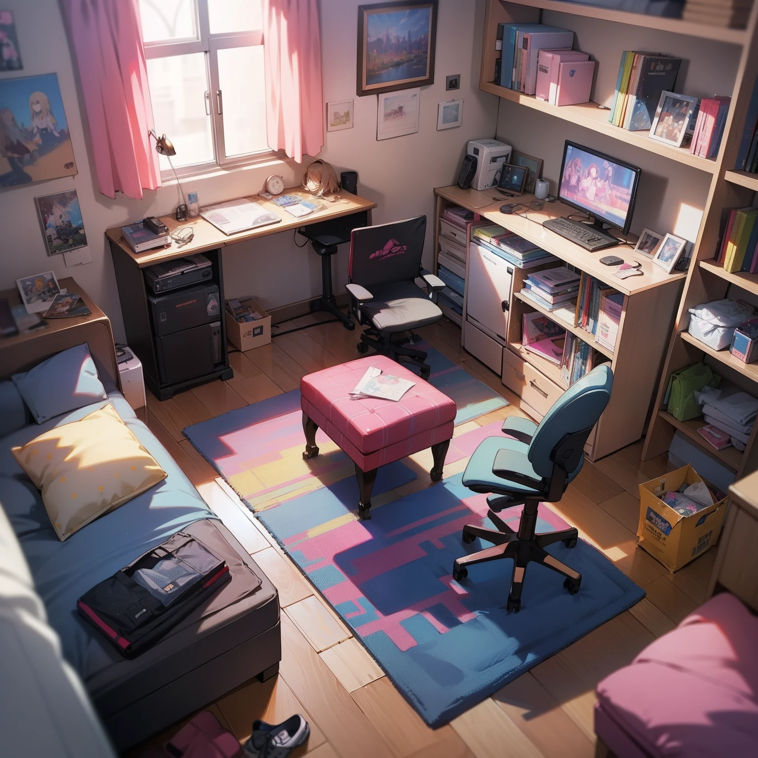 A room, bedroom, sofa, shoes clothes on the floor, very messy, women's underwear, panties, (super detailed details), (super detailed CG: 1.2), anime art style, high quality 8K anime wallpaper, RGB lighting, gaming pc, gaming chair
