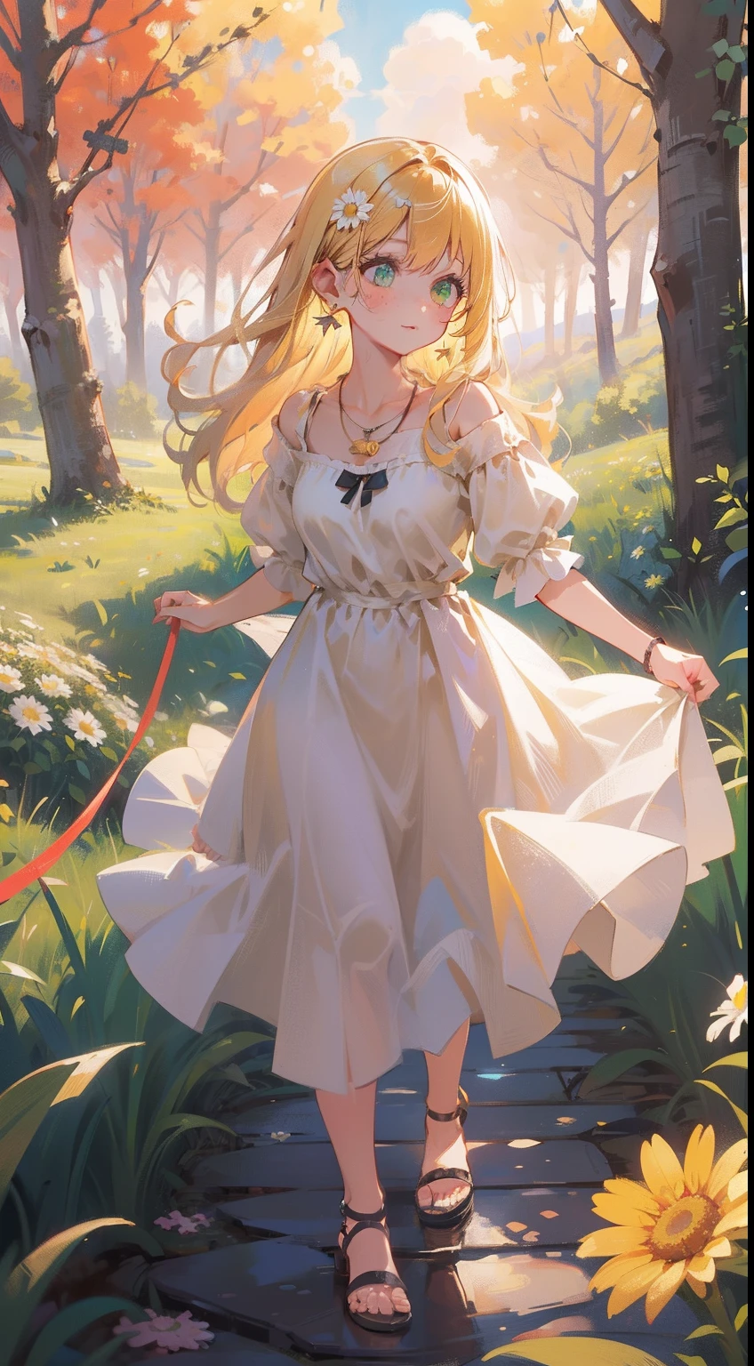 1girl, solo, green eyes, blonde hair, long hair, beige hairpins, eyelashes, long eyelashes, freckles, daisy dress, detailed, high tail with bow, dog on leash, necklace, earrings, yellow sandals, sunset, forest, scenery