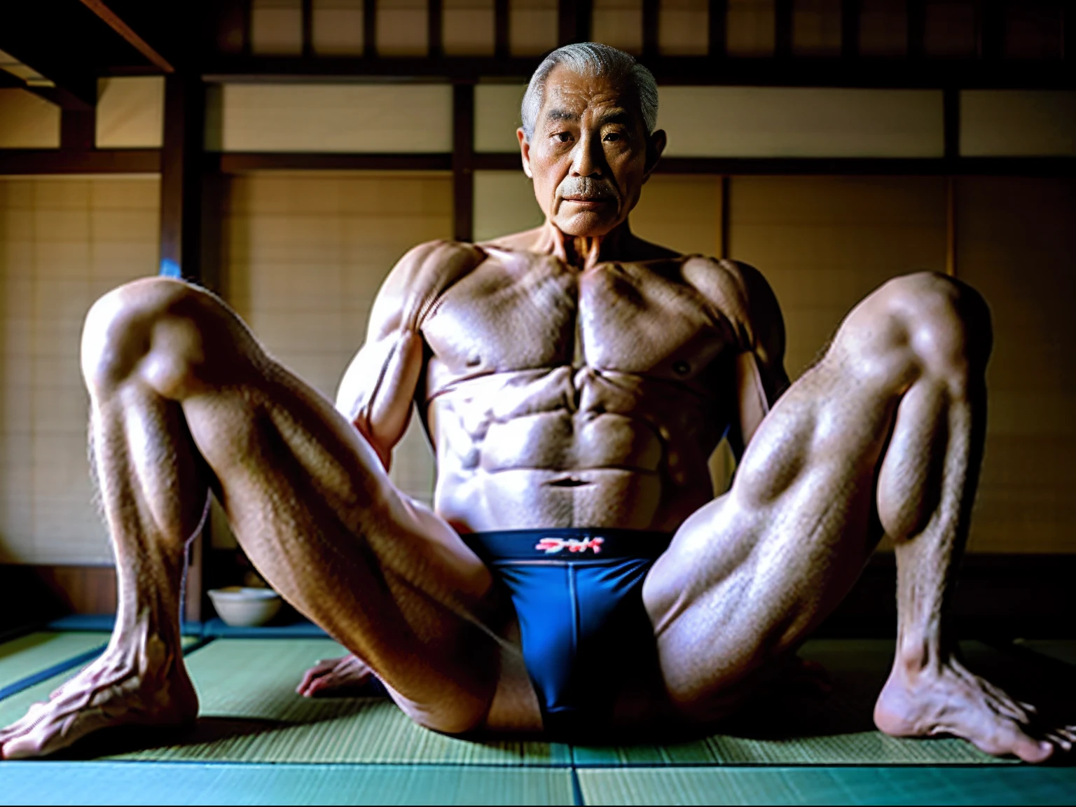 （male people），seventy years old，Strong build，（spread their legs），No clothing，（sexy panty），In old Japanese houses，On tatami，large bulge，Hands tied behind their backs，The crotch faces the camera，High fidelity