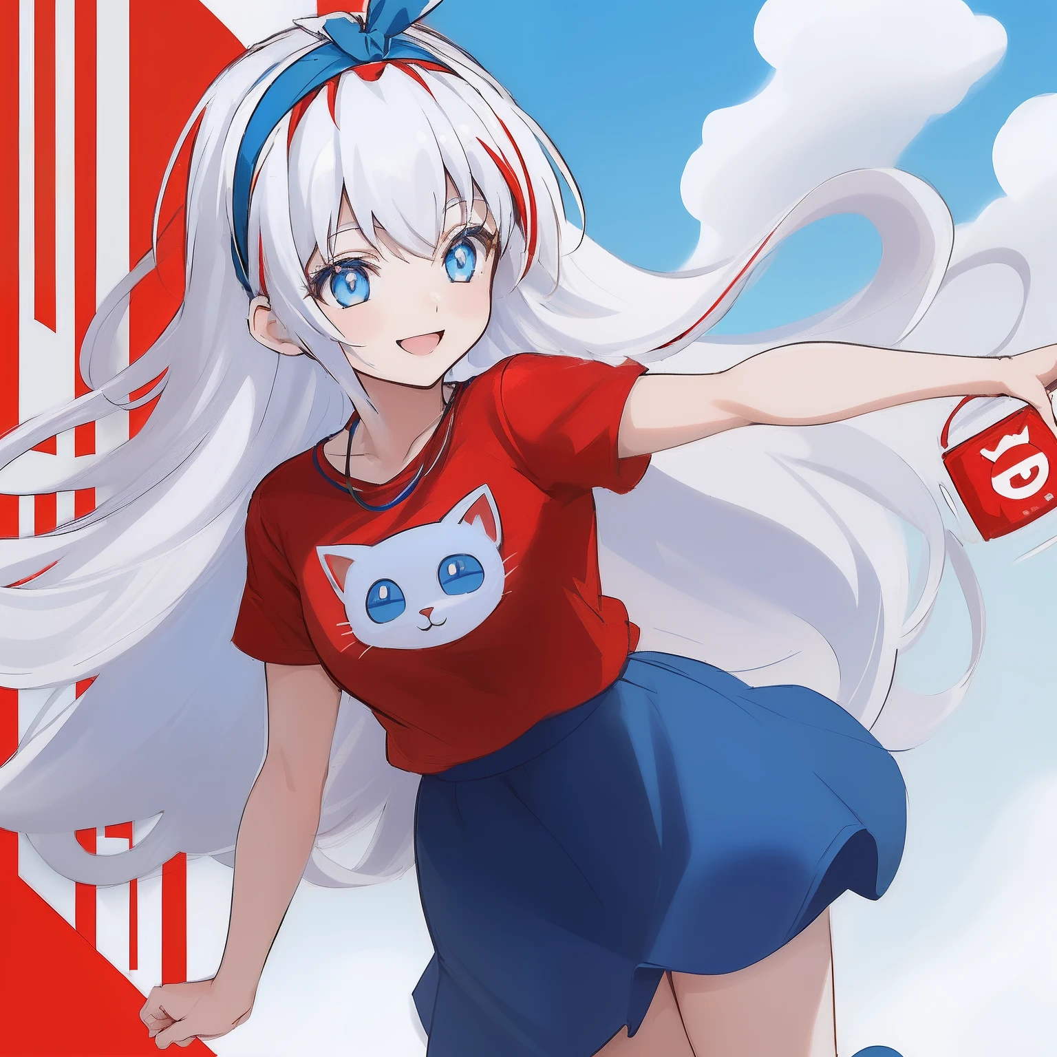 ((((1 woman)))), fullbody, cat logo tee, red tee tutu skirt, ((((white hair)))), ((((blue eyes)))), long hair, happy, smile, 18 year old, dynamic angle, ((((blue hairband)))), red necklace, beautiful detailed sky