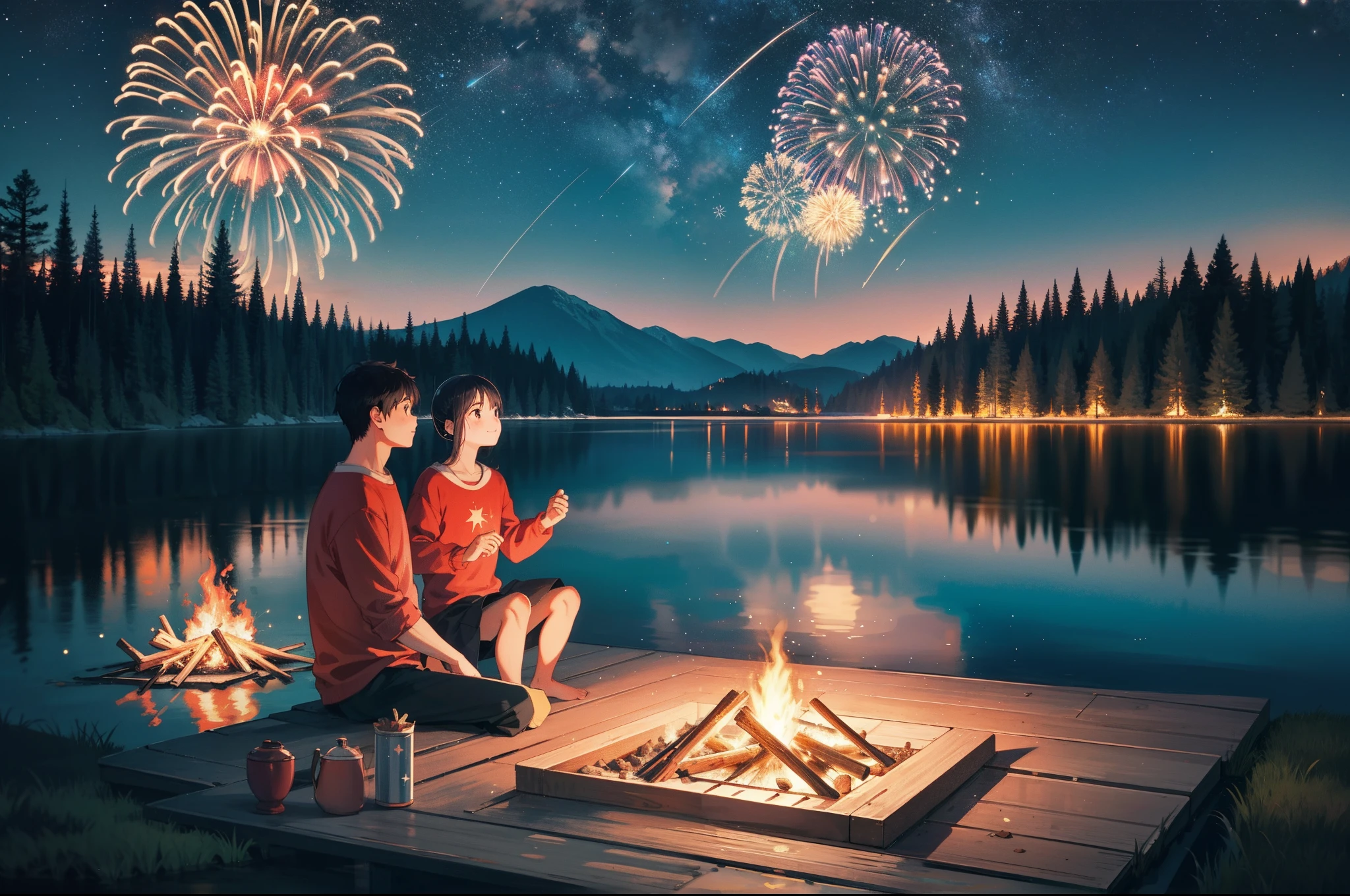 The surface of the lake is reflected in the starry sky,The forest on the shore is lit with fireworks,A couple sits by a campfire,Looking into the distance