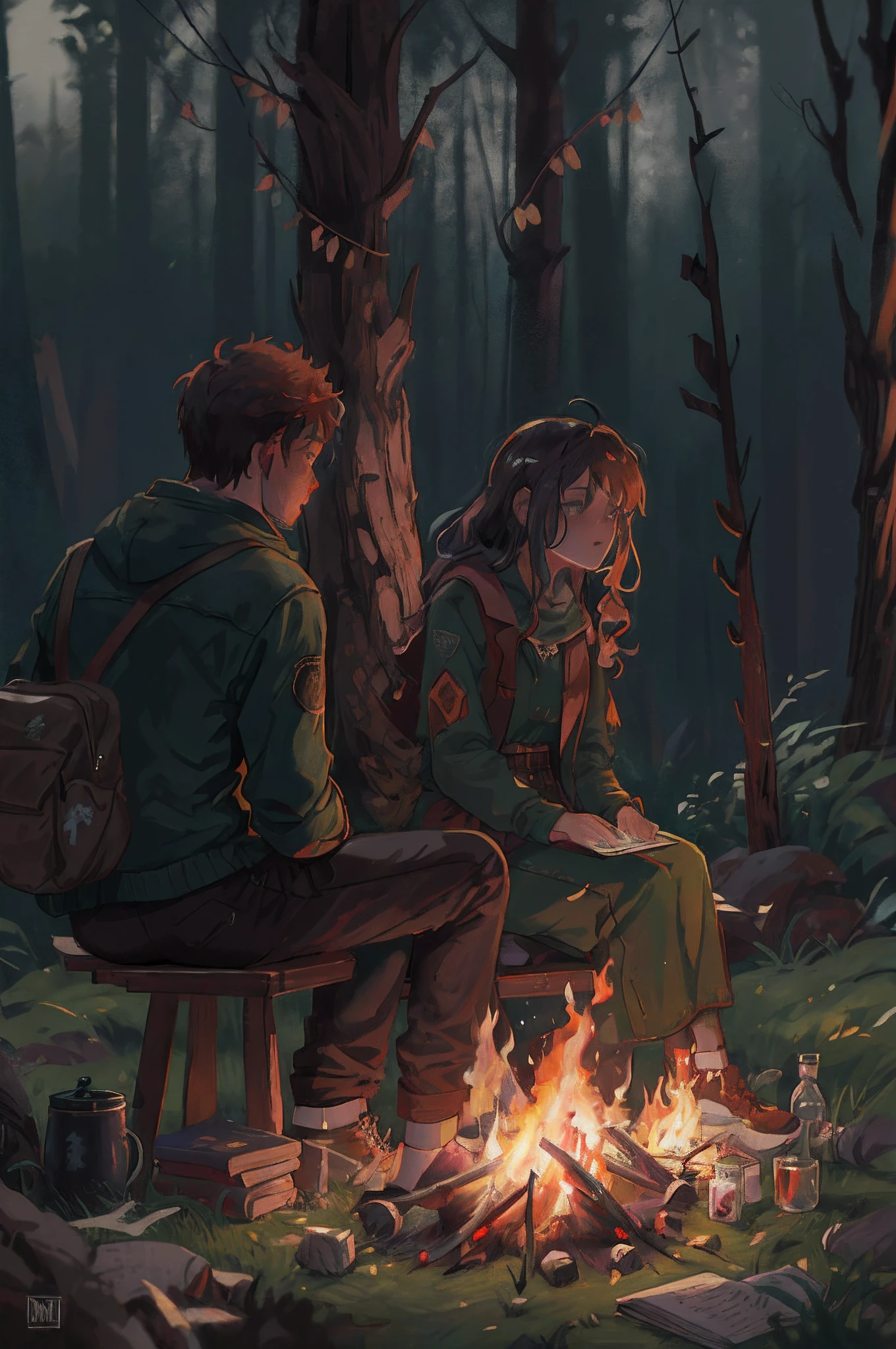there are two people sitting around a campfire in the woods, roleplaying game art, anato finnstark and alena aenami, artwork in the style of guweiz, at a campfire in the forest, rob rey and kentarõ miura, rob rey and kentarõ miura style, artgerm and atey ghailan