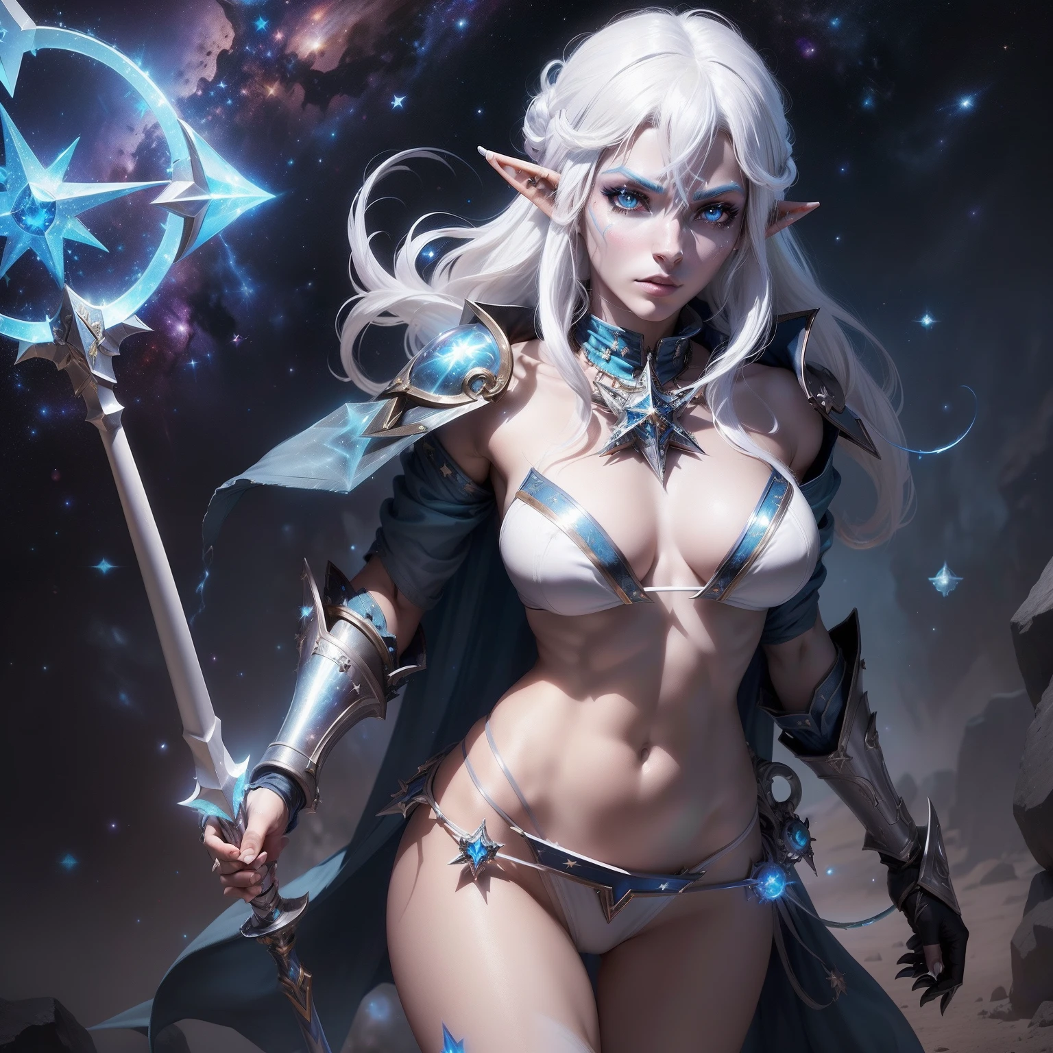 (((Space theme))) (((Space Pirate))) (((Stars in the eyes))) (((solo))) (((female astral elf))) (((tecnologic bikini armor))) (((white hair))) (((holding a metal magic staff)))