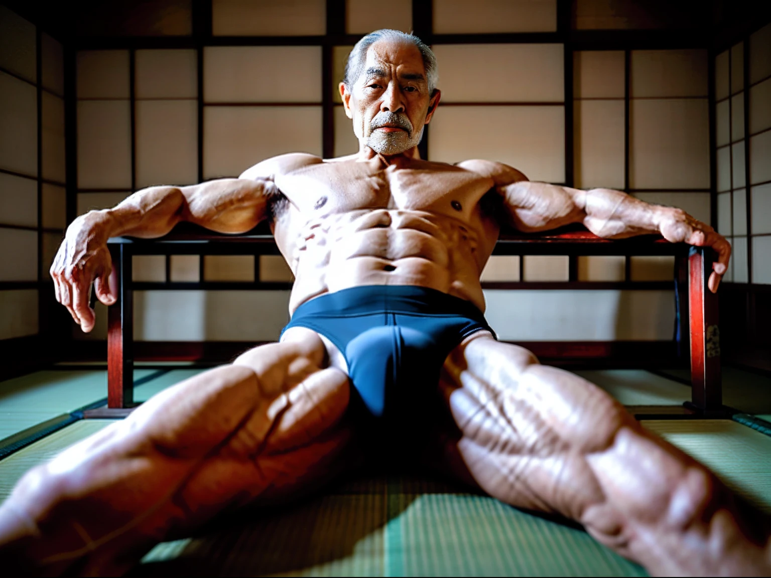 (male people),seventy years old,Strong build,(spread their legs),No clothing,(sexy panty),In old Japanese houses,On tatami,large bulge,Hands tied behind their backs,The crotch faces the camera,The camera is focused on the crotch,High fidelity,Raised sexy,