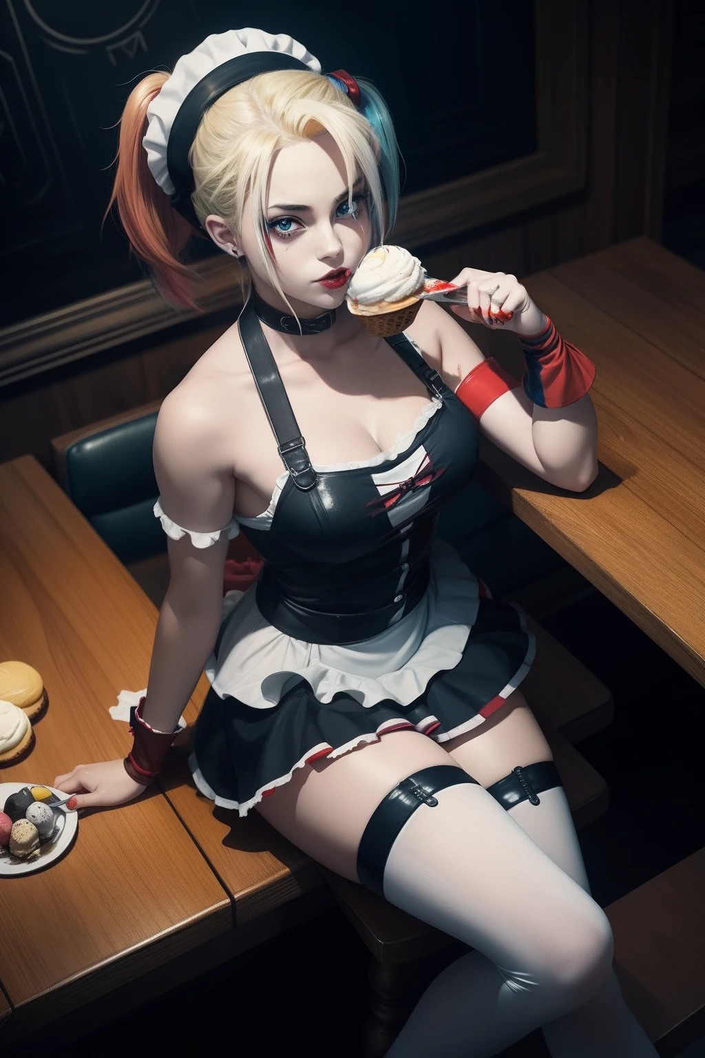 a 3D digital painting picture of extremely (beautiful female vanpire:1.3) ((serving a big juicy raw hamburger: 1.3)) on a tray, dripping blood in a goth American diner, an exquisite beautiful female (vampire:1.3), (full body: 1.3) ultra feminine ultra detailed face, blond hair, short hair, red lips, red eyes, glowing eyes, wearing  glamour white seductive latex dress, serving a goth diner American kitchen background, full body dynamic angle, , award winning, best quality, high quality, high details, highres, vibrant, Ultra-high resolution, High Contrast, (masterpiece:1.5), highest quality, Best aesthetics, best details, best quality, highres, ultra wide angle, 16k, [ultra detailed], masterpiece, best quality, photorealistic, 3D rendering, Cinematic Hollywood Film, chumbasket art style
