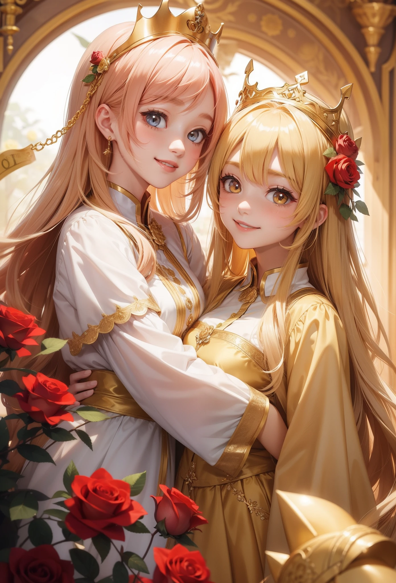 Only the smile of 2 cute girls、duo,Golden eyes、Golden hair、full of roses、crowns、