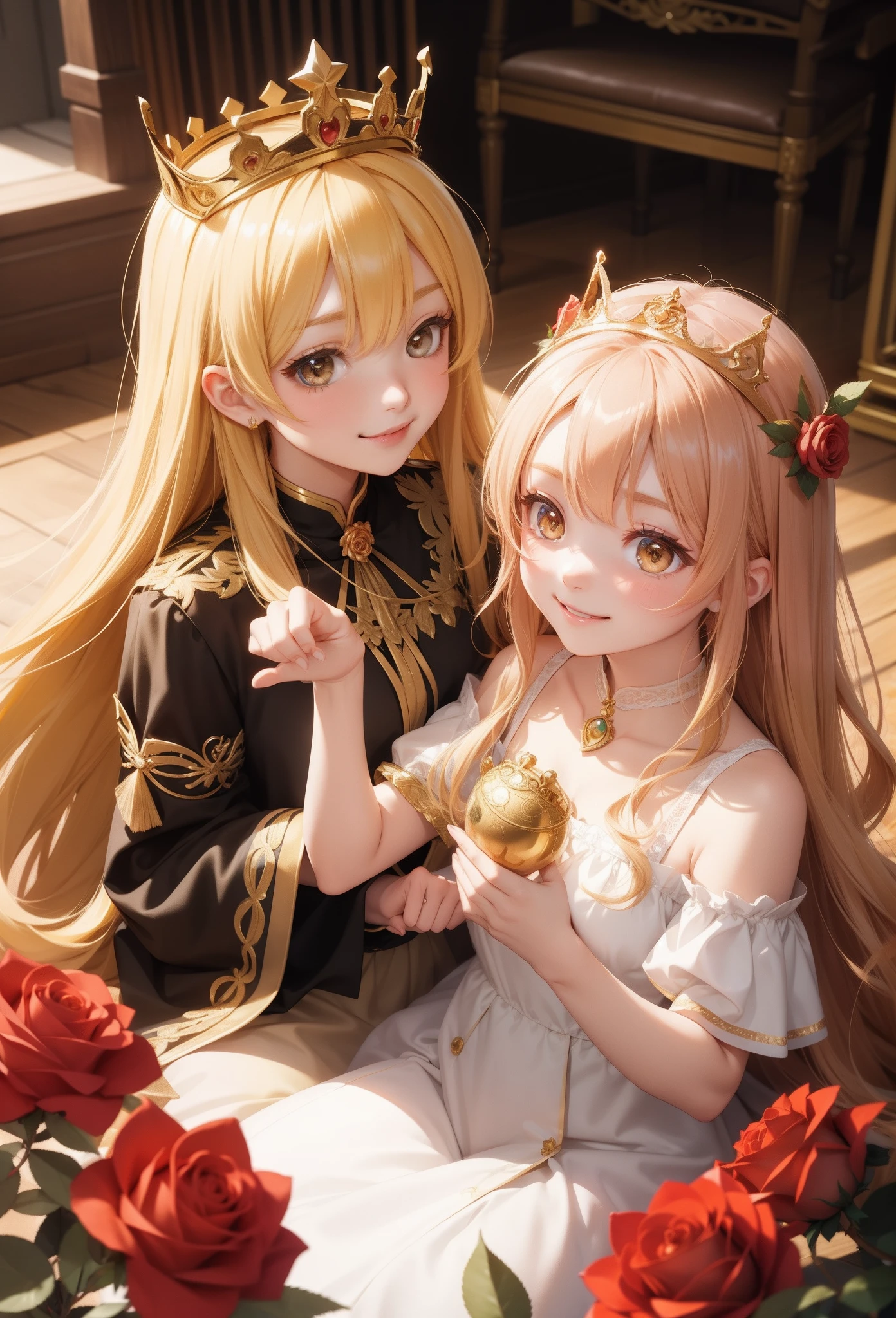 Only the smile of 2 cute girls、duo,Golden eyes、Golden hair、full of roses、crowns、