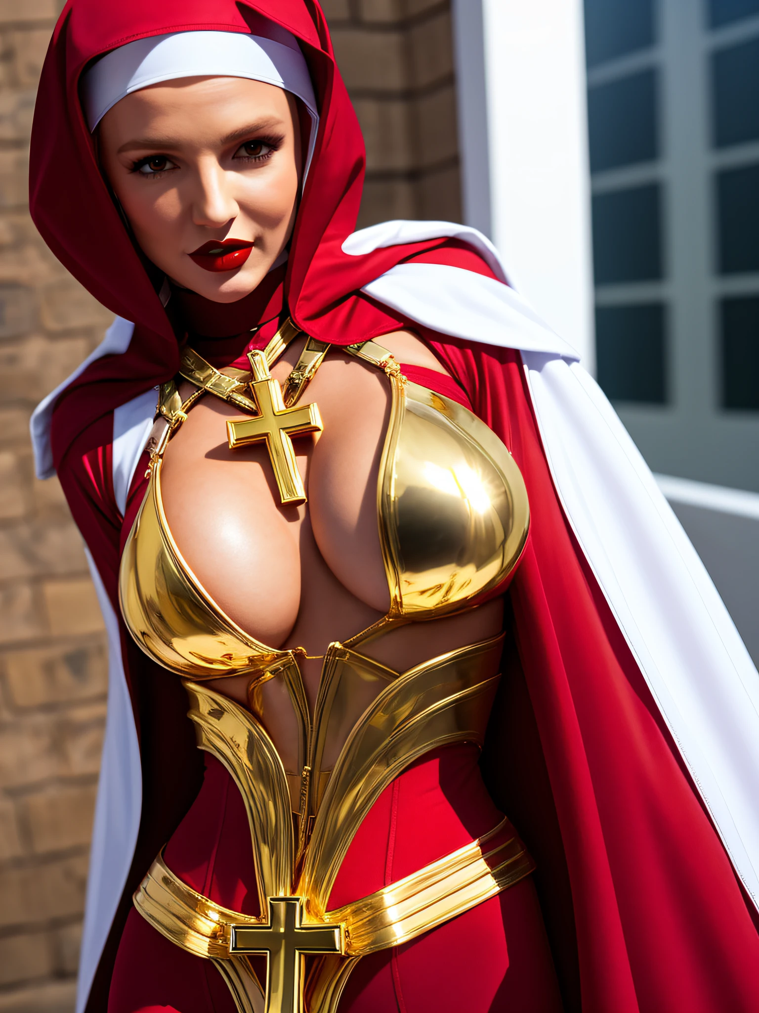 Britney Spears, ginger hair,(stylish bob haircut), (natural big breasts), wearing ((warrior nun), superhero tight suit)1.2, (cleavage with gold plated cross between natural boobs)1.4, (red lips lipstick), Realistic, perfect lighting, hyper realistic