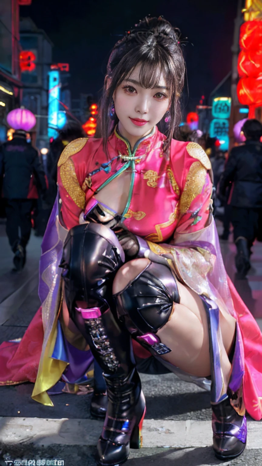 nsfw, 1girl, solo, 16K, RAW photo, best quality, masterpiece, Photorealistic:1.3, super realistic details, sharp focus, Realistic proportions, A detailed face, round face, round eyes, whole body, full body,looking at viewer, pretty asian girl, smile, messy hair:1.3,Futuristic city with neon lights ,detailed neon cyberpunk city , (((highly intricate detail costume, gleaming ,flashy colors chinese clothes;1.6 ,cameltoe ,skindentation , knee-high boots,)))open stance:1.4, blush:1.2, embarrassed,beautiful lighting, deep shadow, depth of field,from below