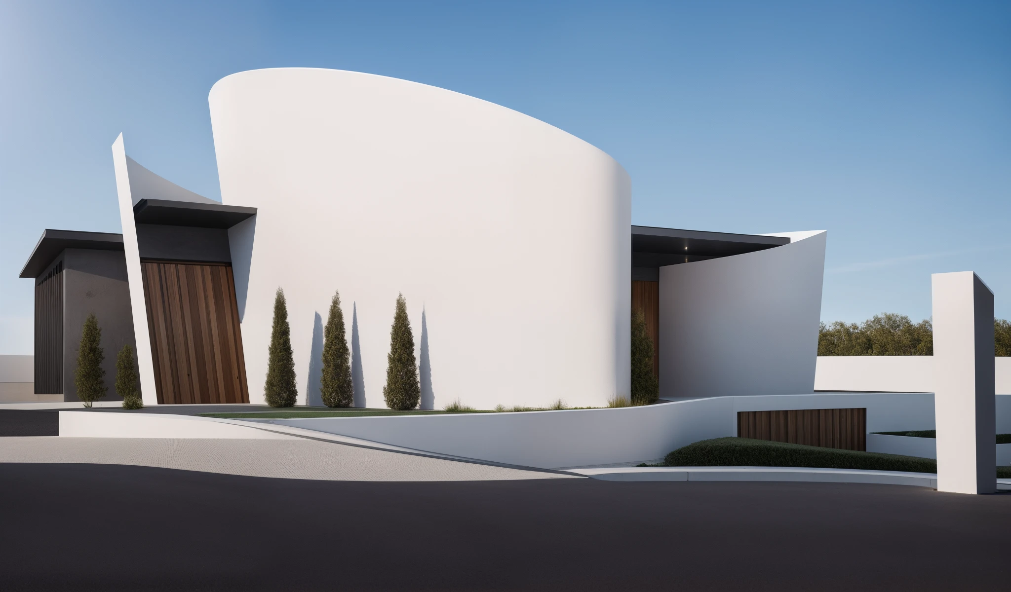 1 modern building with main materials made from white walls and wood, minimalist design,, masterpiece, high quality, utral detail:1.3, sun rise:1.3, dynamic lighting, perfect light, shimering sky:1.2, large yard, morden feeling, 1 black car:1.3, behance.net