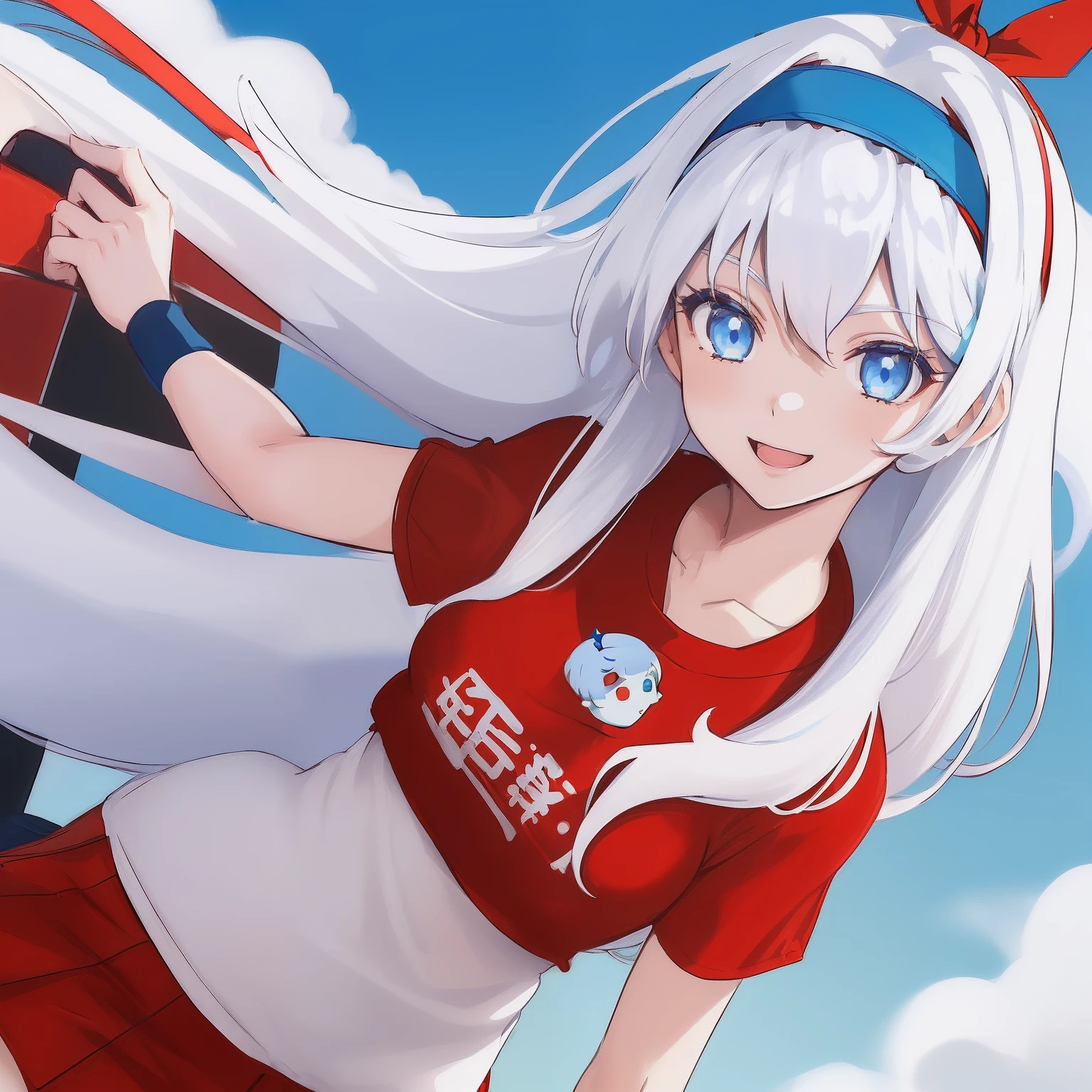 ((((1 woman)))), fullbody, cat logo tee, red tee, tutu skirt, ((((white hair)))), ((((blue eyes)))), long hair, happy, smile, 18 year old, dynamic angle, ((((blue hairband)))), red necklace, beautiful detailed sky