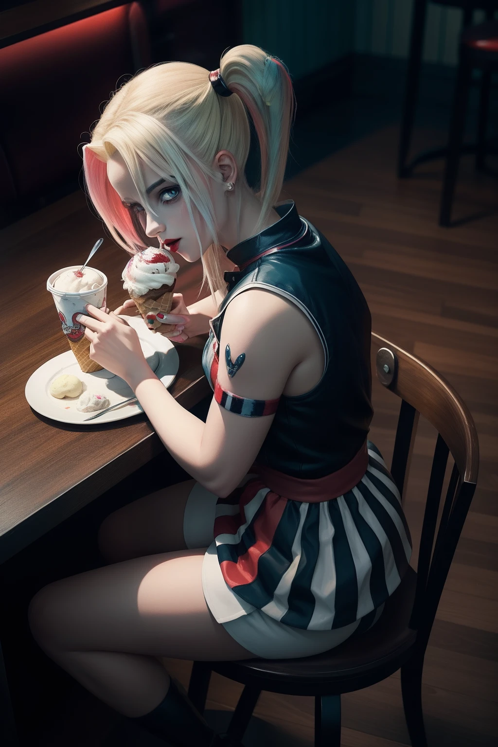 anime,beauty harley quinn wearing chef hat and outfit, looking at camera, sitting at table eating ice cream, ice cream parlor surrounding, full body, top view angle,perfect hands and fingers, highly detailed painting, Rich colors, high contrast, gloomy atmosphere, dark background.